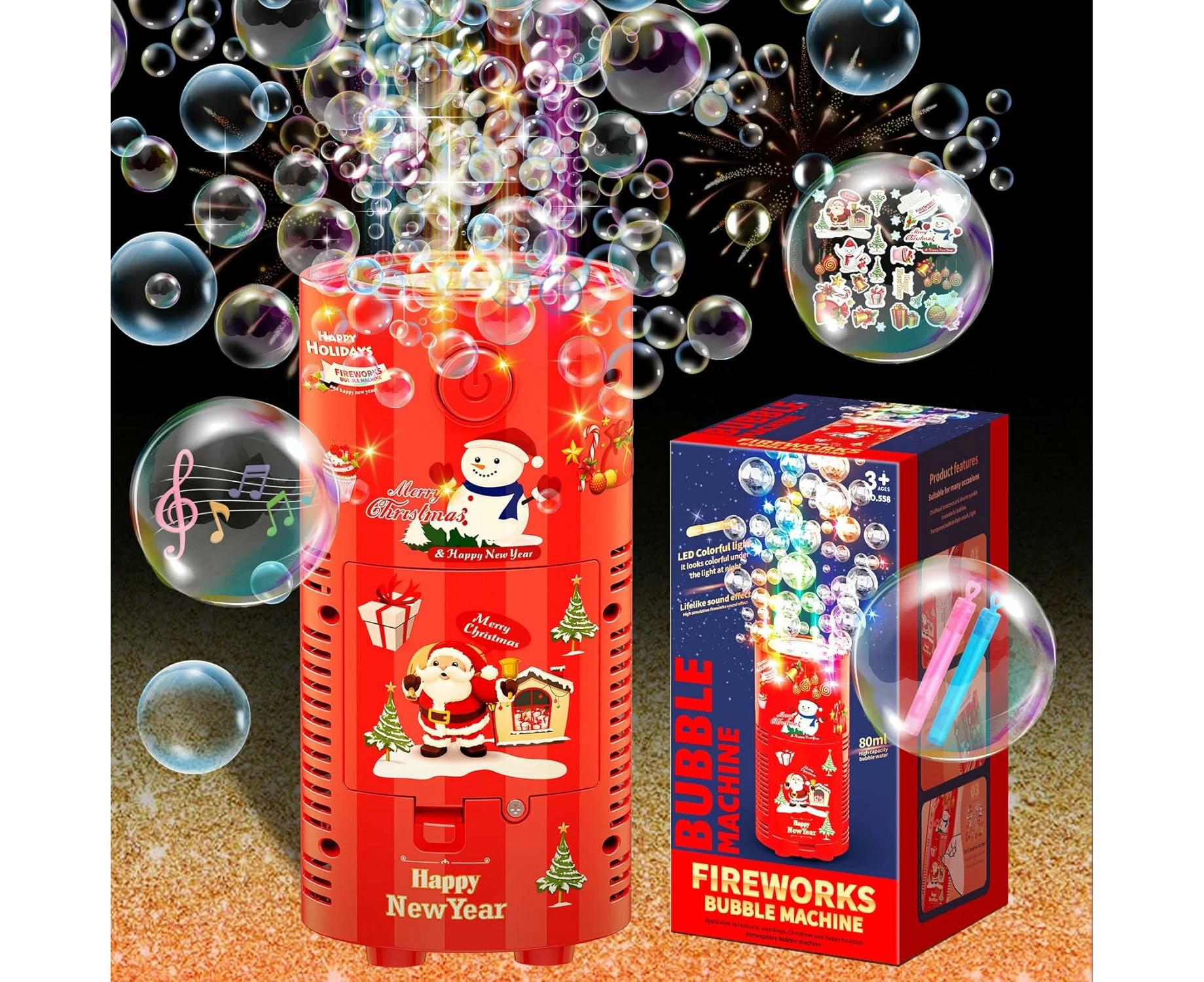 Fireworks Bubble Machine with Lights & Music, Christmas Bubble Toys, 13 Holes and 18000+ Sparklers Bubbles Per Minute Portable Blower Toys, for Christ