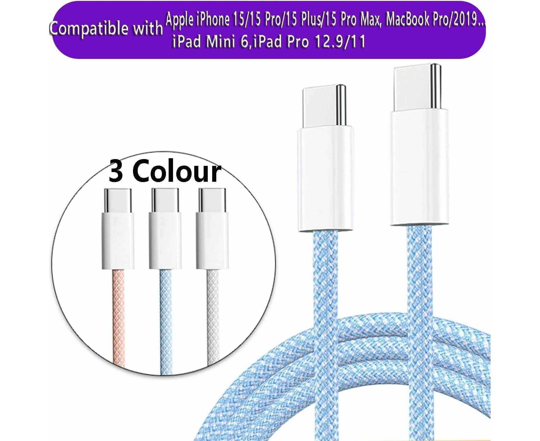 For Apple Iphone 15 16 Cable Charger Charging Fast Pro Max Plus Ipad Type C-Red+Blue+White