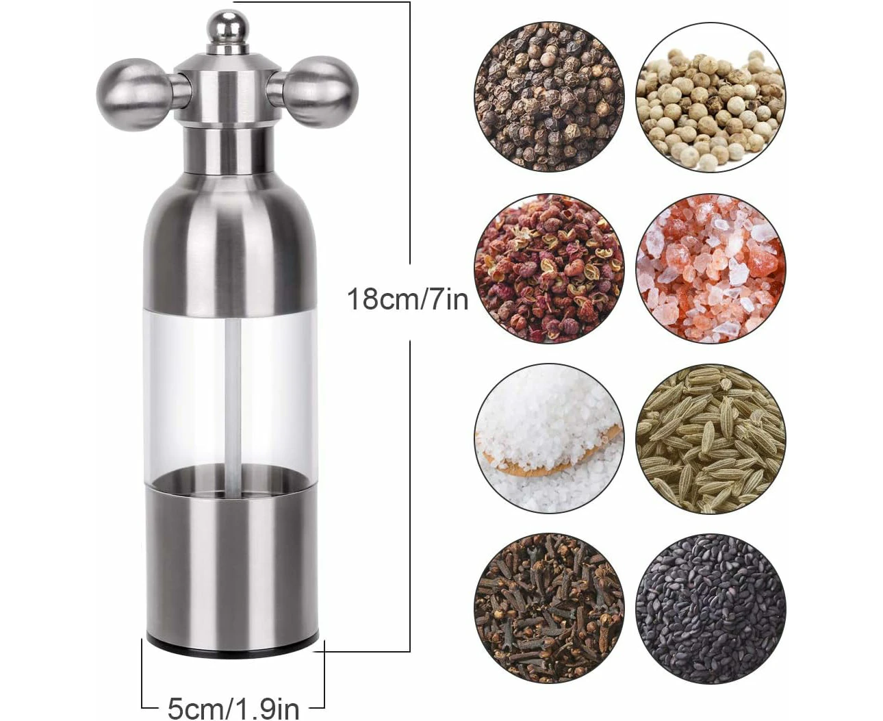 Manual Salt and Pepper Grinder, Coarse and Fine Grinding, Salt and Pepper Shaker with Rotating Handle Stainless Steel-