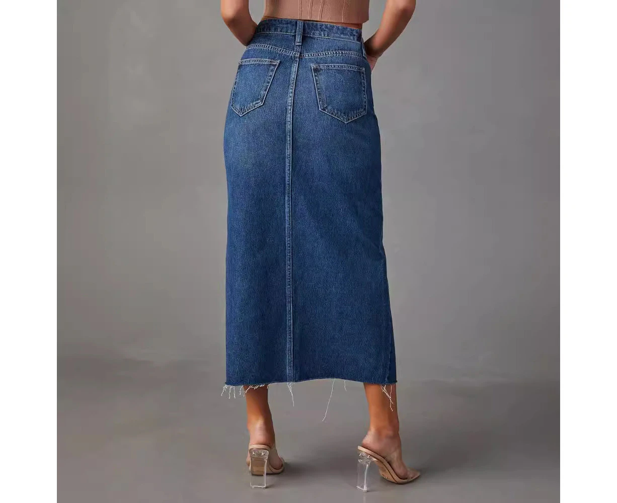 Women's Casual High Waist Denim Skirt Split Raw Trim Midi Jean Skirts