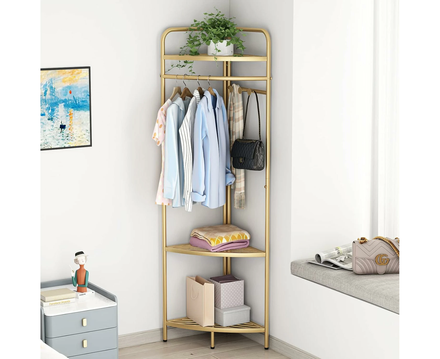 Corner Gold Clothing Racks Freestanding, Gold Metal Coat Racks with Hooks, Heavy Duty Modern Clothes Rack with 3 Tier Storage Shelves for Home,Bedro