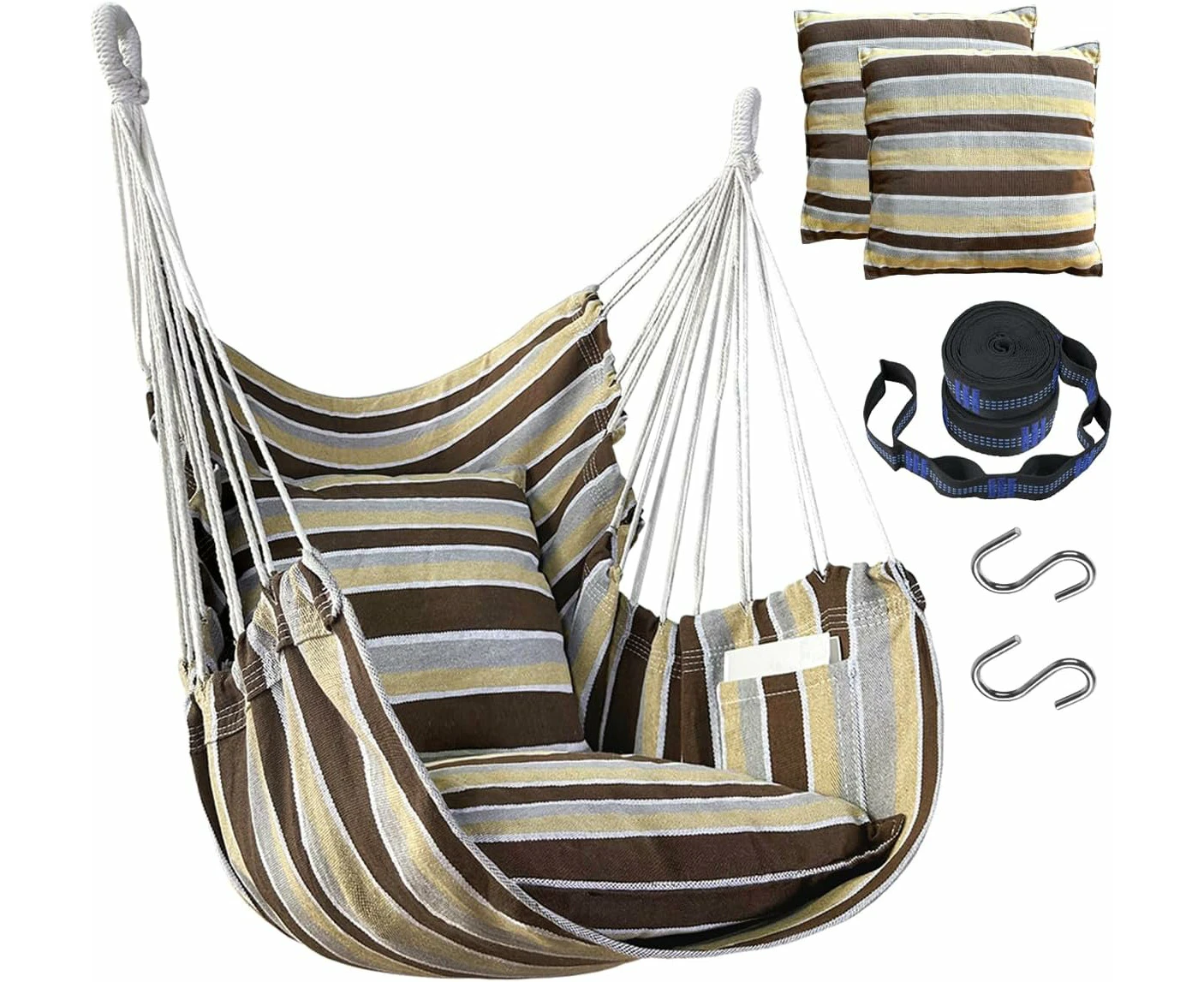 Hammock Chair Hanging Hammock Chair Rope Swing 2 Cushions Included-Sturdy & Durable Soft Cotton Hand Woven Hammock Swing for Bedroom, Porch, Patio-I