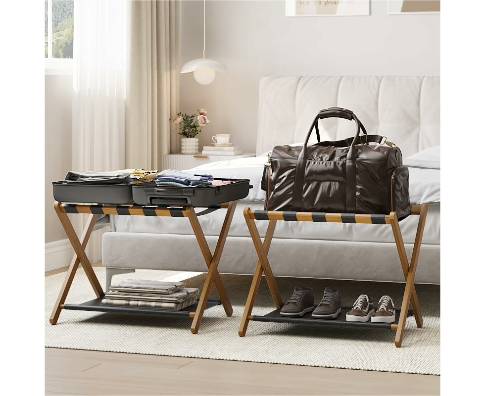 2 Pack Luggage Rack Folding Luggage Rack for Guest Room Walnut Bamboo Suitcase Stand Holds up to 131 lb Luggage Stand with Storage Shelf for Hote Catch