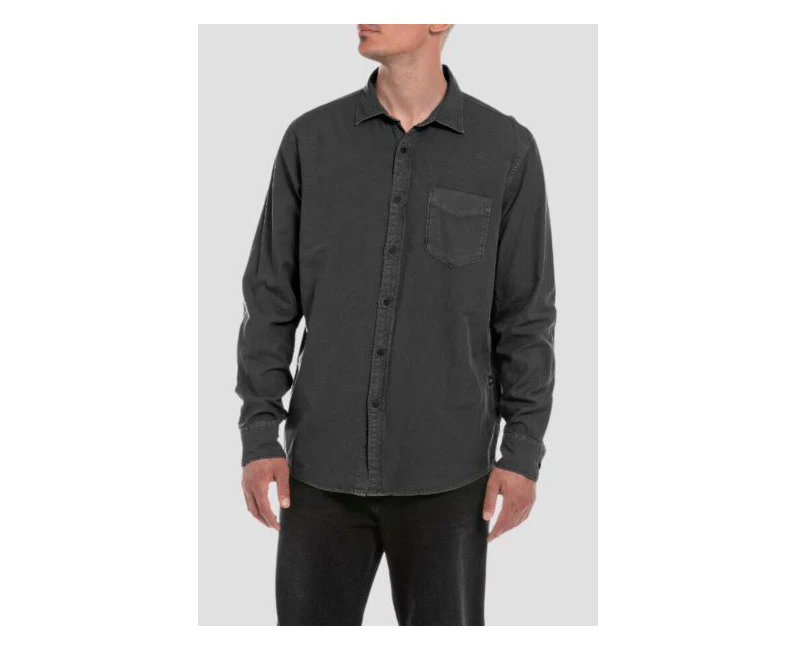 Replay Mens Plain Shirt Oxford Cotton Long Sleeve w/ Pocket Black