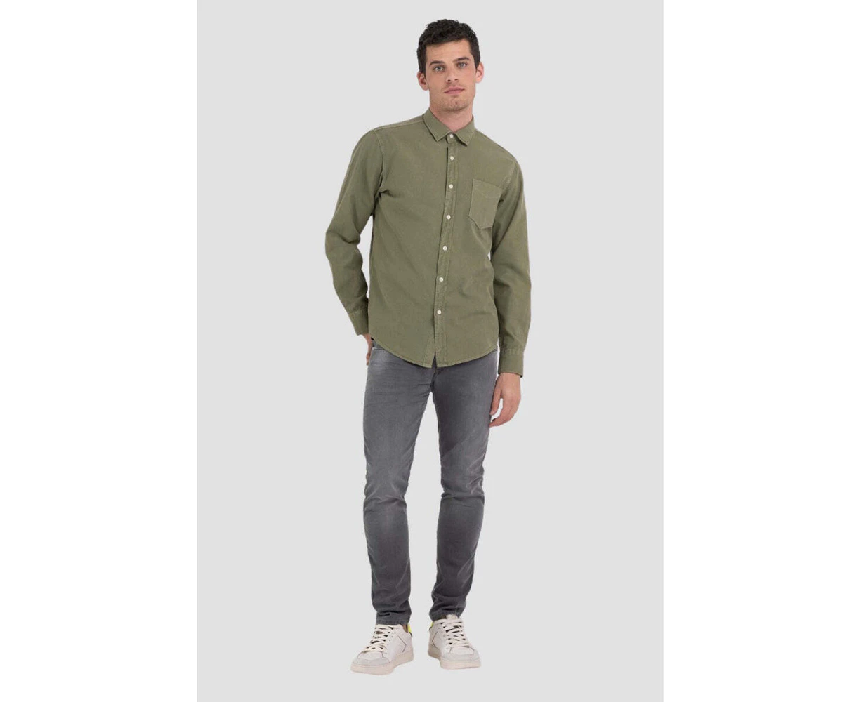 Replay Mens Plain Shirt Garment-Dyed Oxford Long Sleeve Green