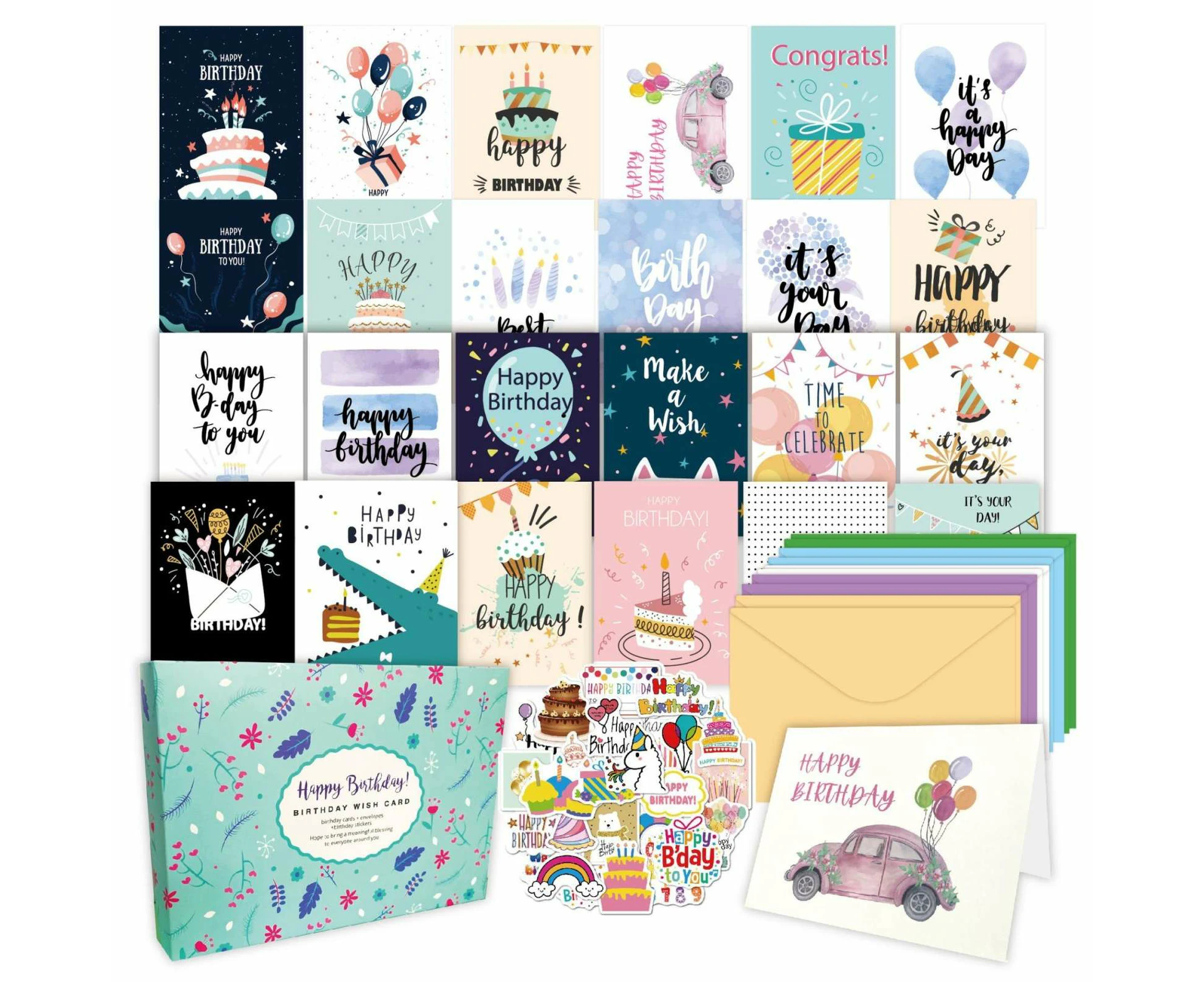 50pcs /Set Happy Birthday Greeting Card With Envelopes And Stickers Set