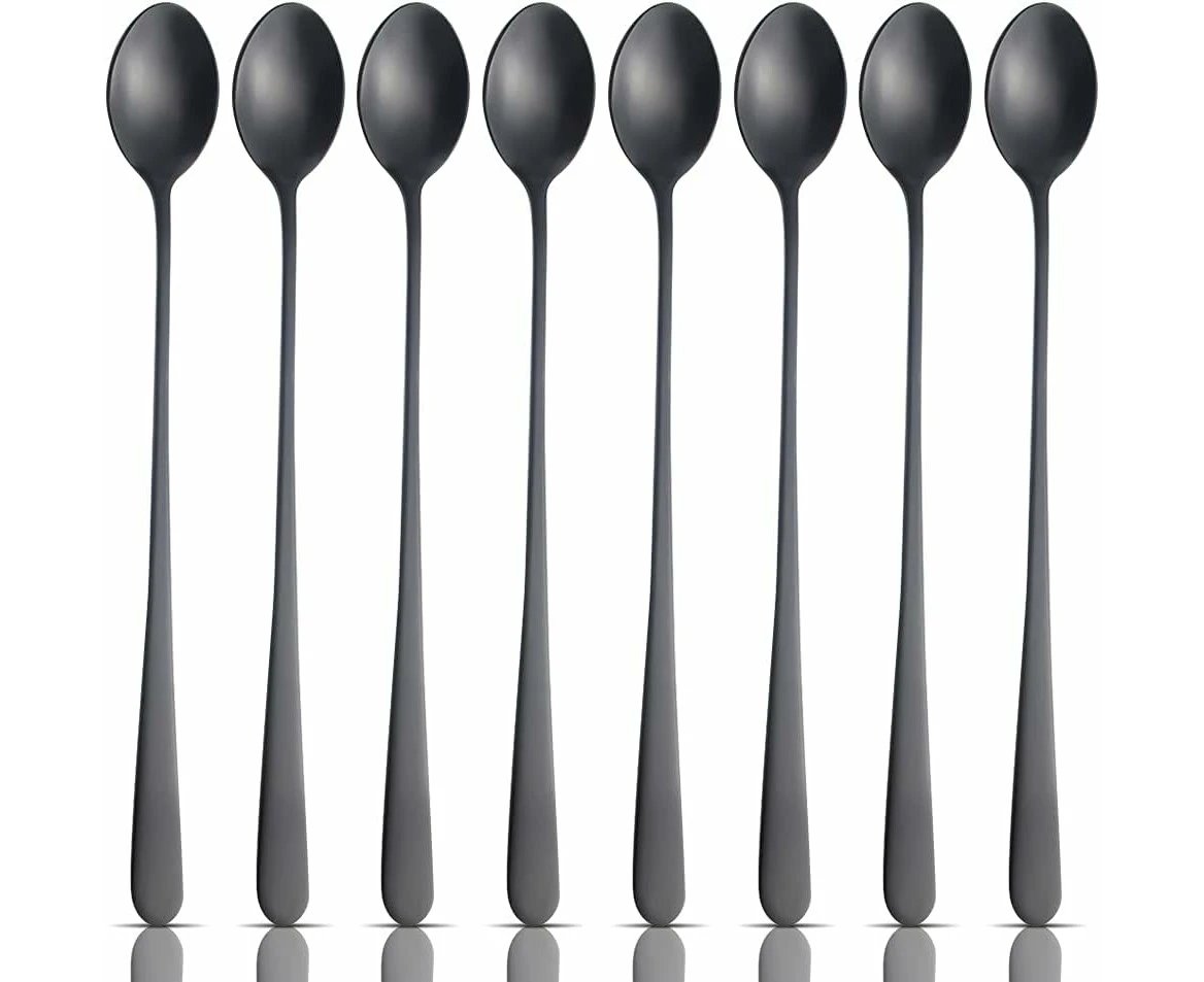 Milk Teaspoons, 22.3Cm Stainless Steel Long Handle Stirring Spoon Mixing Teaspoon Set For Iced Tea Dessert Cocktail Ice Cream Sundae 22Cm - Black