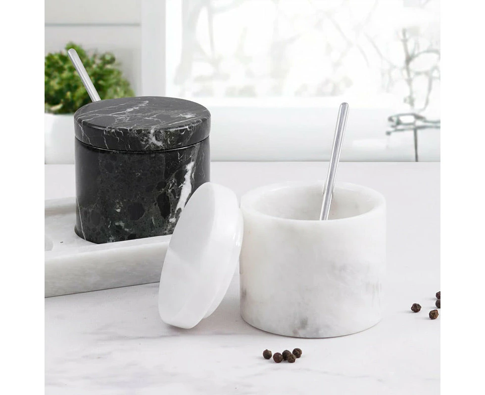 Marble Salt Cellar With Lid & Tray Handmade Set of 2 Salt & Spice Containers - Salt & Pepper Bowls Kitchen Table Decor - Sugar Bowl - Black & White