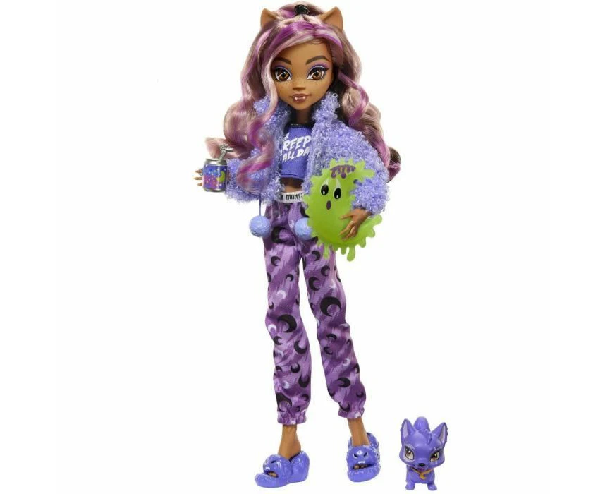 Monster High Doll and Sleepover Accessories, Clawdeen Wolf Doll with Pet Dog Crescent, Creepover Party, HKY67 - Gift Toy for Kids