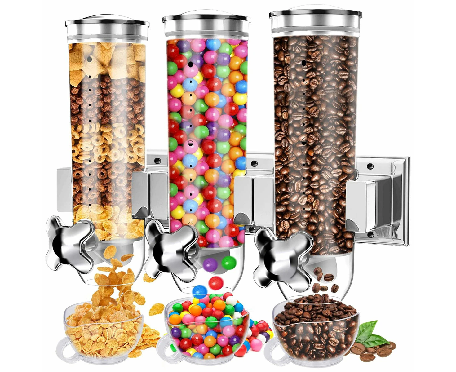 Triple Food Dispenser, Wall Mounted Cereal Dispenser, Candy Dispenser Grain Dispenser Kitchen Container With 3 Cup