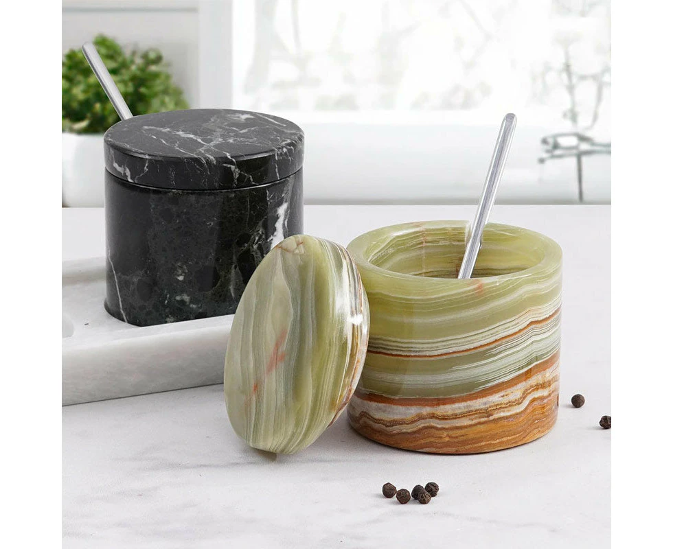 Marble Salt Cellar With Lid & Tray Handmade Set of 2 Salt & Spice Containers - Salt & Pepper Bowls Kitchen Table Decor - Sugar Bowl - Black & Green