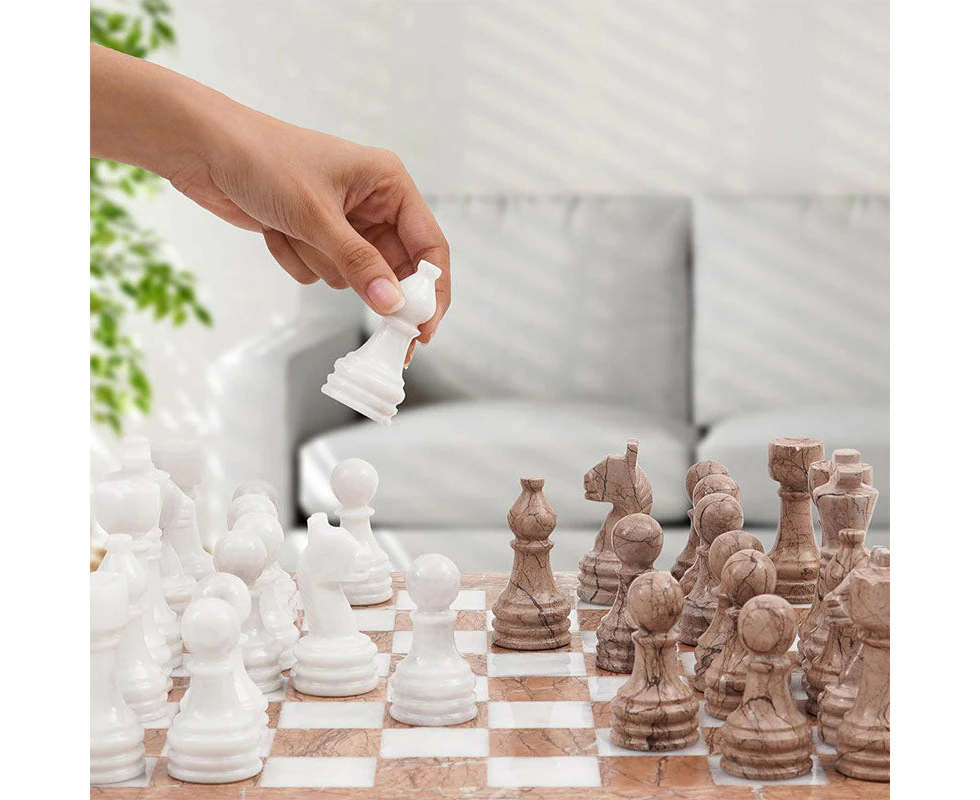 Classic Marble 38cm Chess Set marinara and white  - Marble Chess Pieces 3.5 Inch King Figures Handmade 32 Chess Figures - Suitable for 16-20 Inch Chess ...