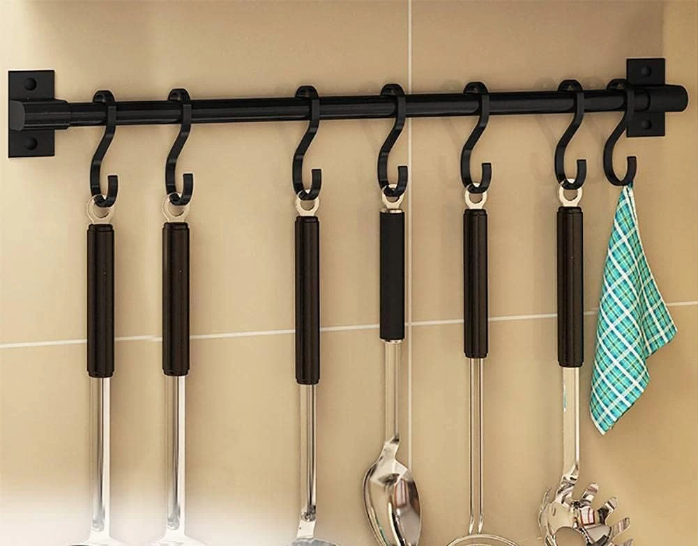 Black 50Cm;With 8 Hooks Kitchen Hanging Rack With Hooks Wall Mounted Holder Space Aluminum Single Rod Bar Easy Storage Rack