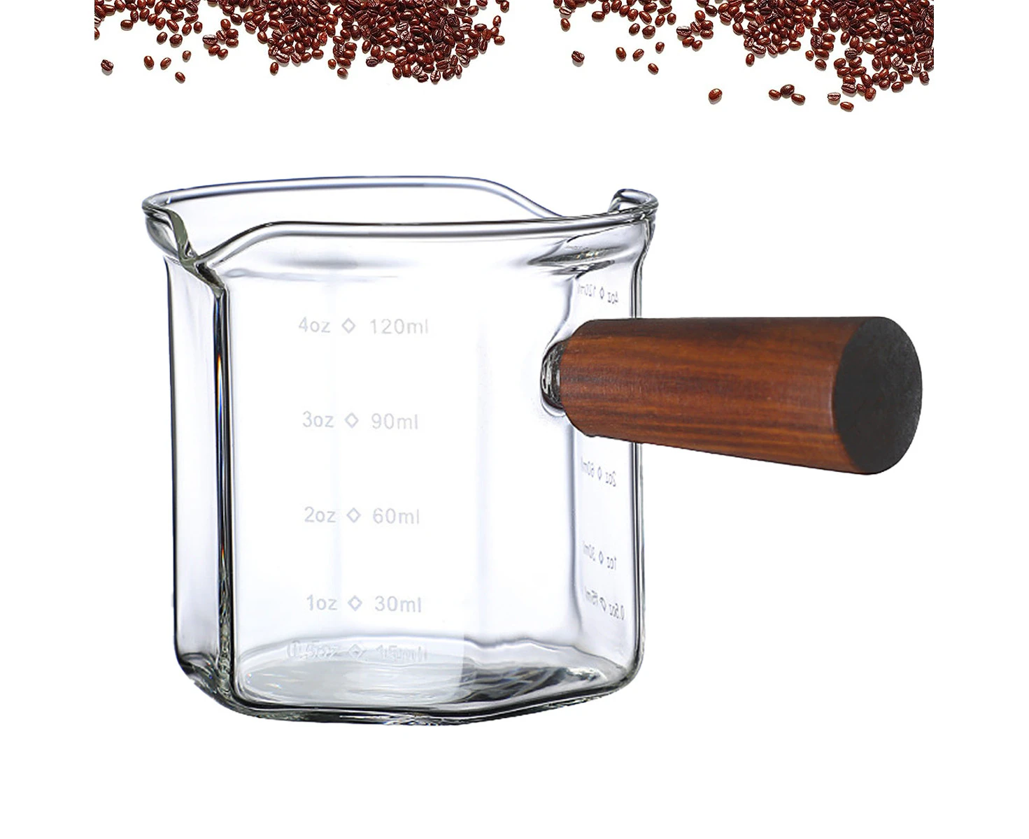 Espresso Measuring Cup with Wood Handle, Glass Measuring Cup with Scale, Espresso Shot Glass with V-Shaped Mouth, Clear Glass Espresso Accessories, Milk Fr