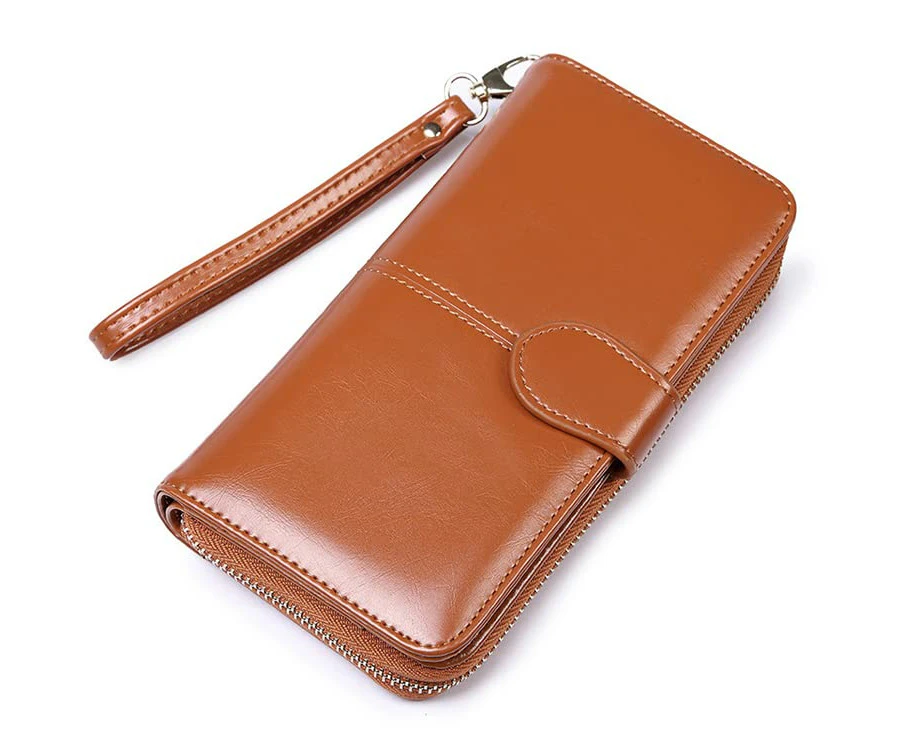 WSECOMM  Women Wallet Wristlet Zip Around Portable Oil Wax Leather Retro Long Wallet Multiuse Credit Card Cash Bill Mobile Phone Holder