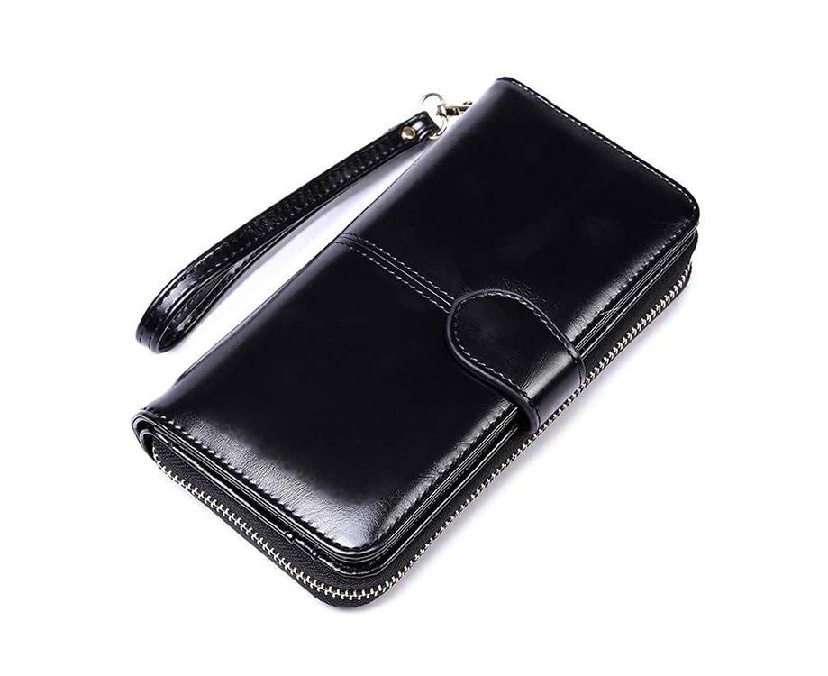 WSECOMM  Women Wallet Wristlet Zip Around Portable Oil Wax Leather Retro Long Wallet Multiuse Credit Card Cash Bill Mobile Phone Holder