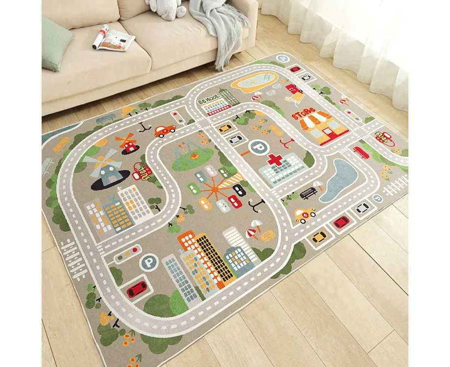 WSECOMM  Kids Playroom Rug City Life Play Mat for Toy Cars and Trains, Play Area Rug with Rubber Backing Non-Slip Carpet, Kids Race Track Rug for Pla