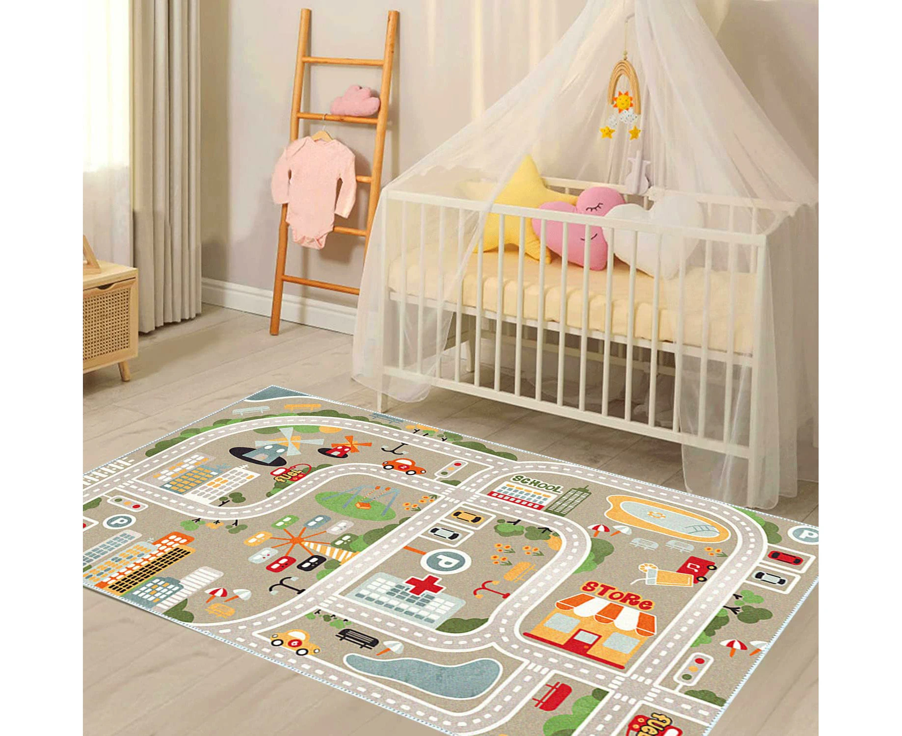 WSECOMM  Kids Playroom Rug City Life Play Mat for Toy Cars and Trains, Play Area Rug with Rubber Backing Non-Slip Carpet, Kids Race Track Rug for Pla