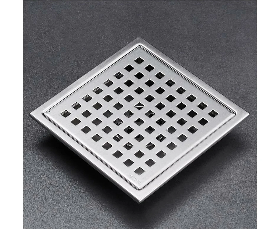 WSECOMM  Square Shower Floor Drain Cover Shower Strainer Brushed Nickel Hair Catcher 304 Stainless Steel,Quadrato Pattern Grate 150*150mm