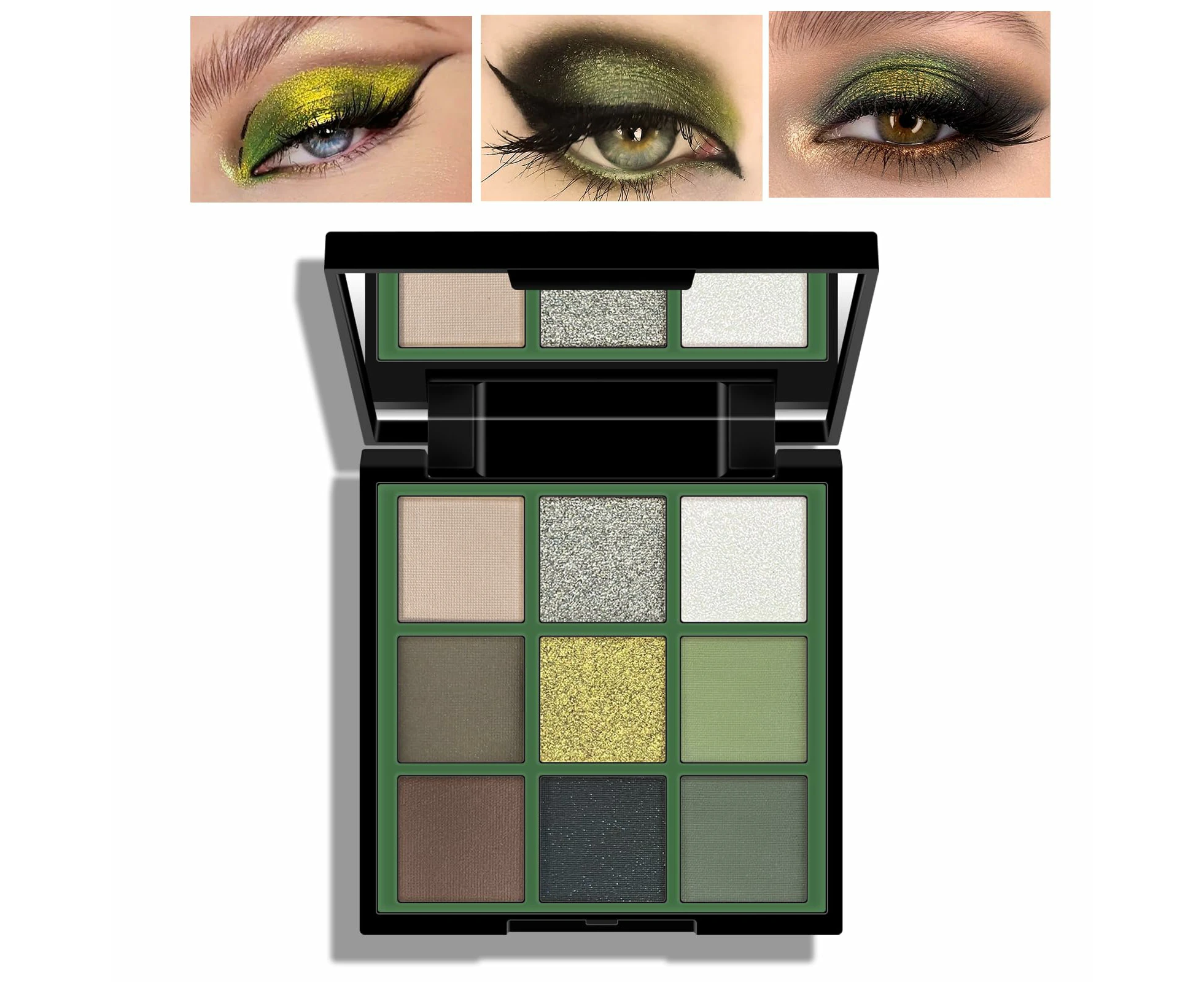 WSECOMM  9 Colors Green Cat Eyes Eyeshadow Palette, Glitter Green Smokey Eyes Makeup, Matte Emerald Brown Green Shades and Sparkling Black Silver Pig