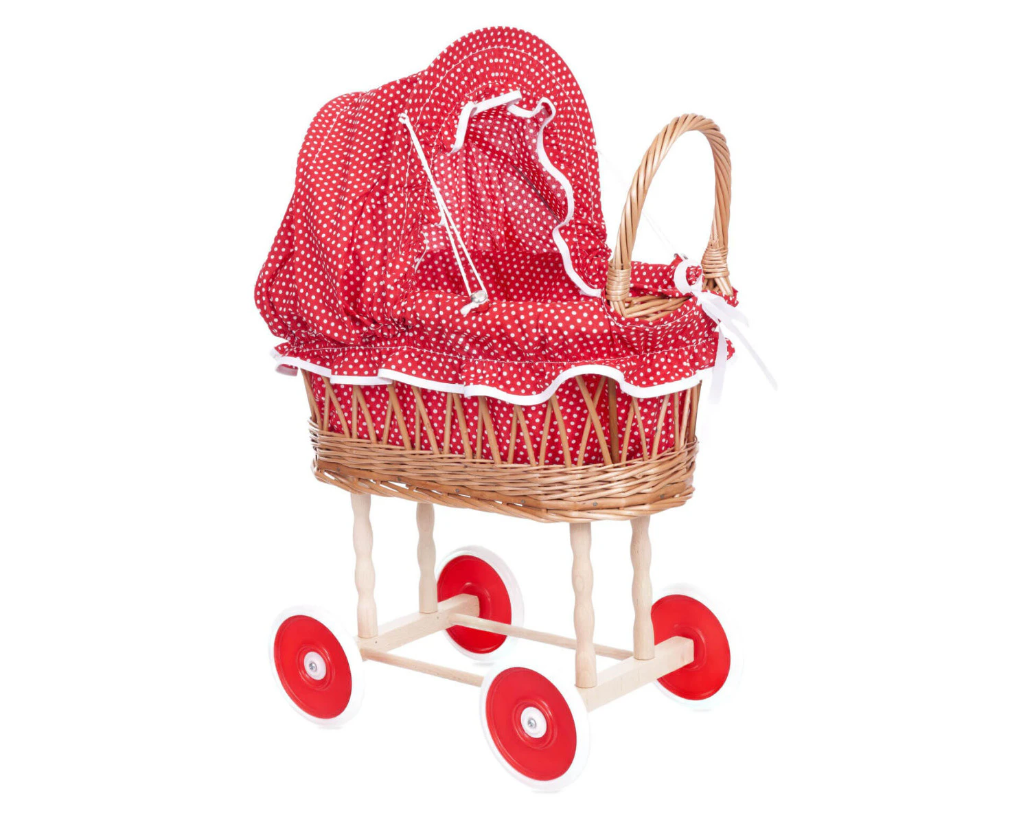 Egmont Wicker Pram with Folding Hood - Red & White Polkadots - Egmont