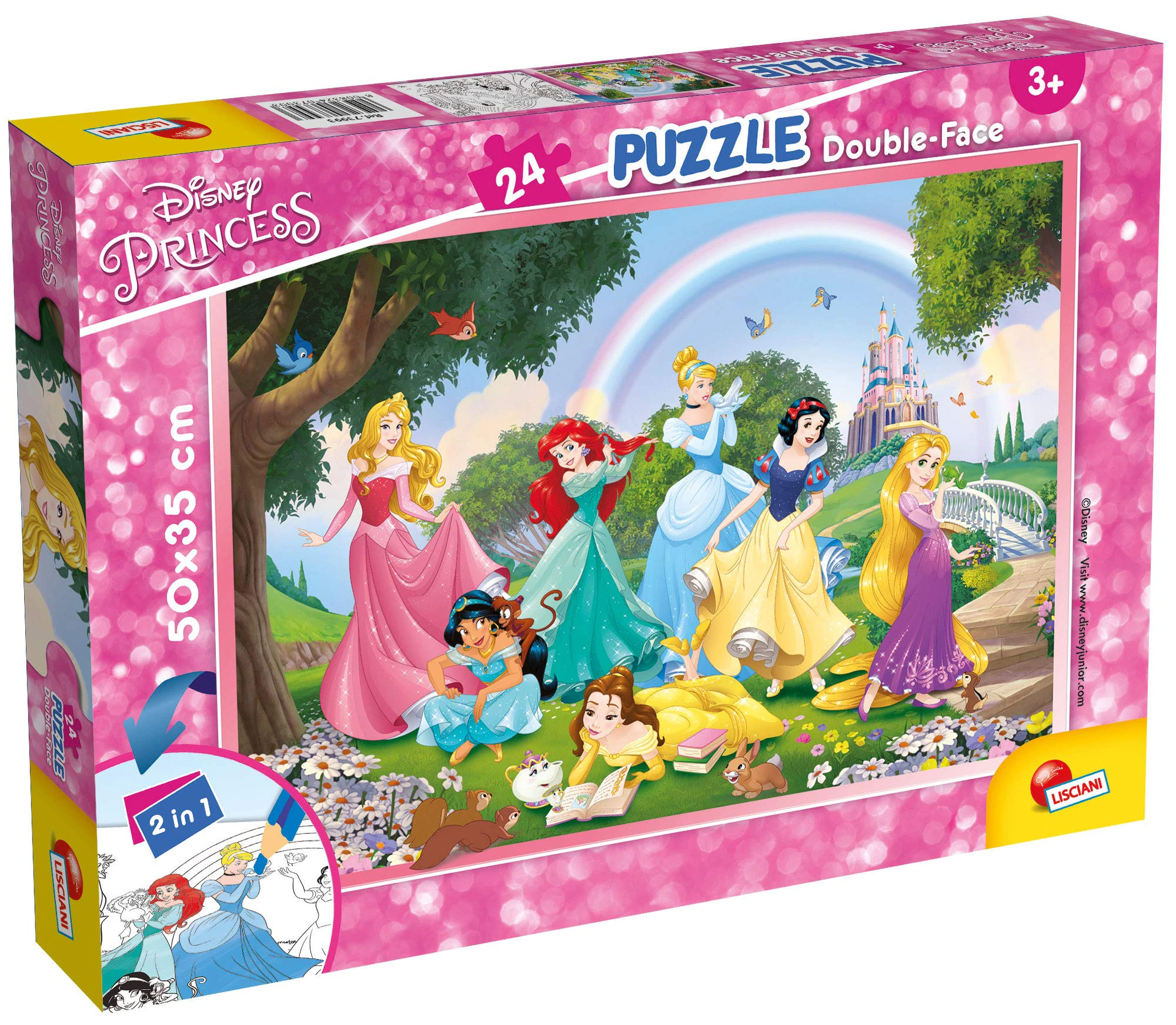 Lisciani Double-Face Disney Princess Puzzle – 24-Piece 2-in-1 Puzzle for Kids, Creative Play and Coloring, Christmas Present