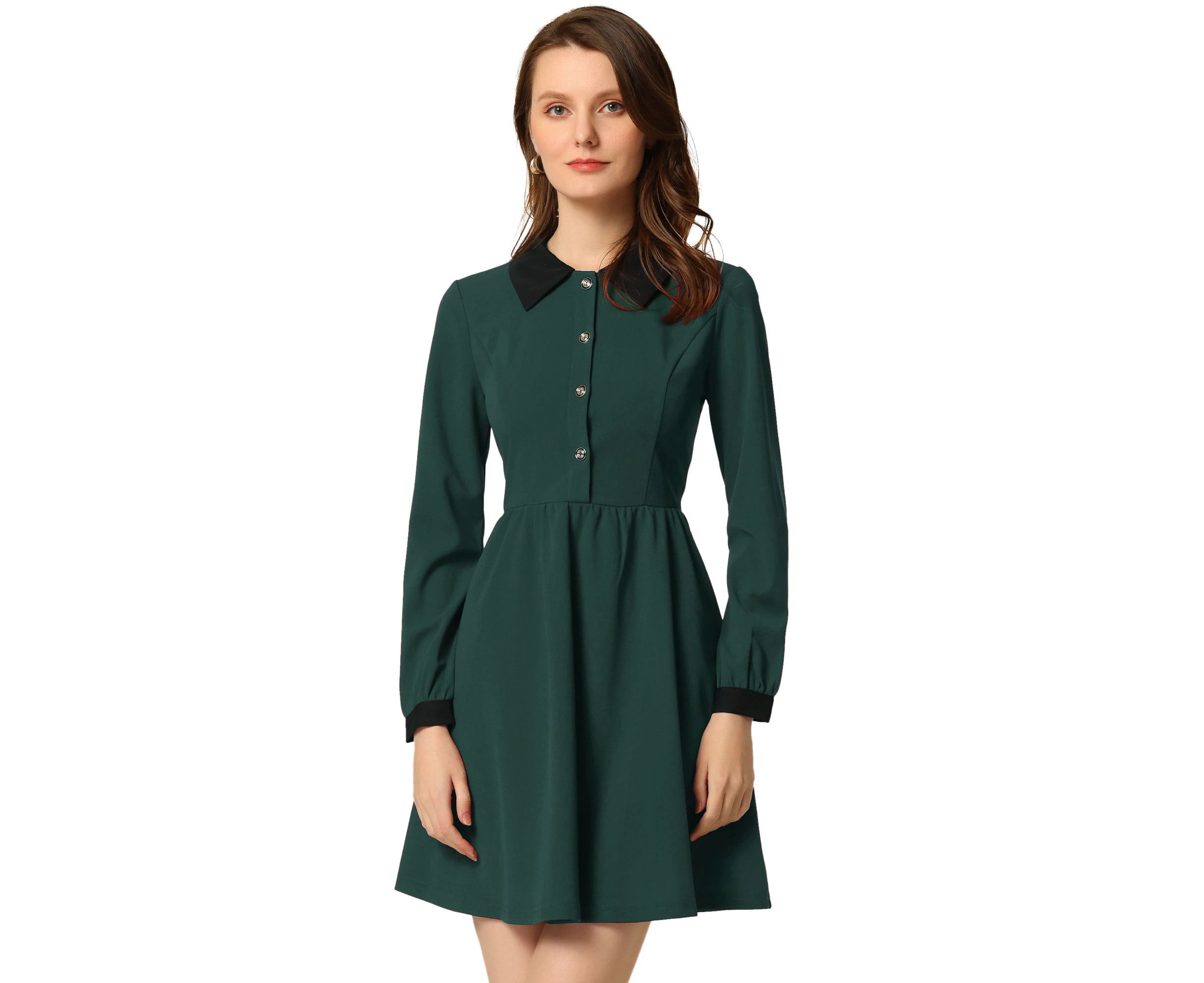 Allegra K Collared Long Sleeve Party Flare Dresses Dark Green