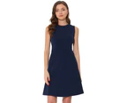 Allegra K Round Neck Sleeveless A-Line Casual Work Dresses Dark Blue