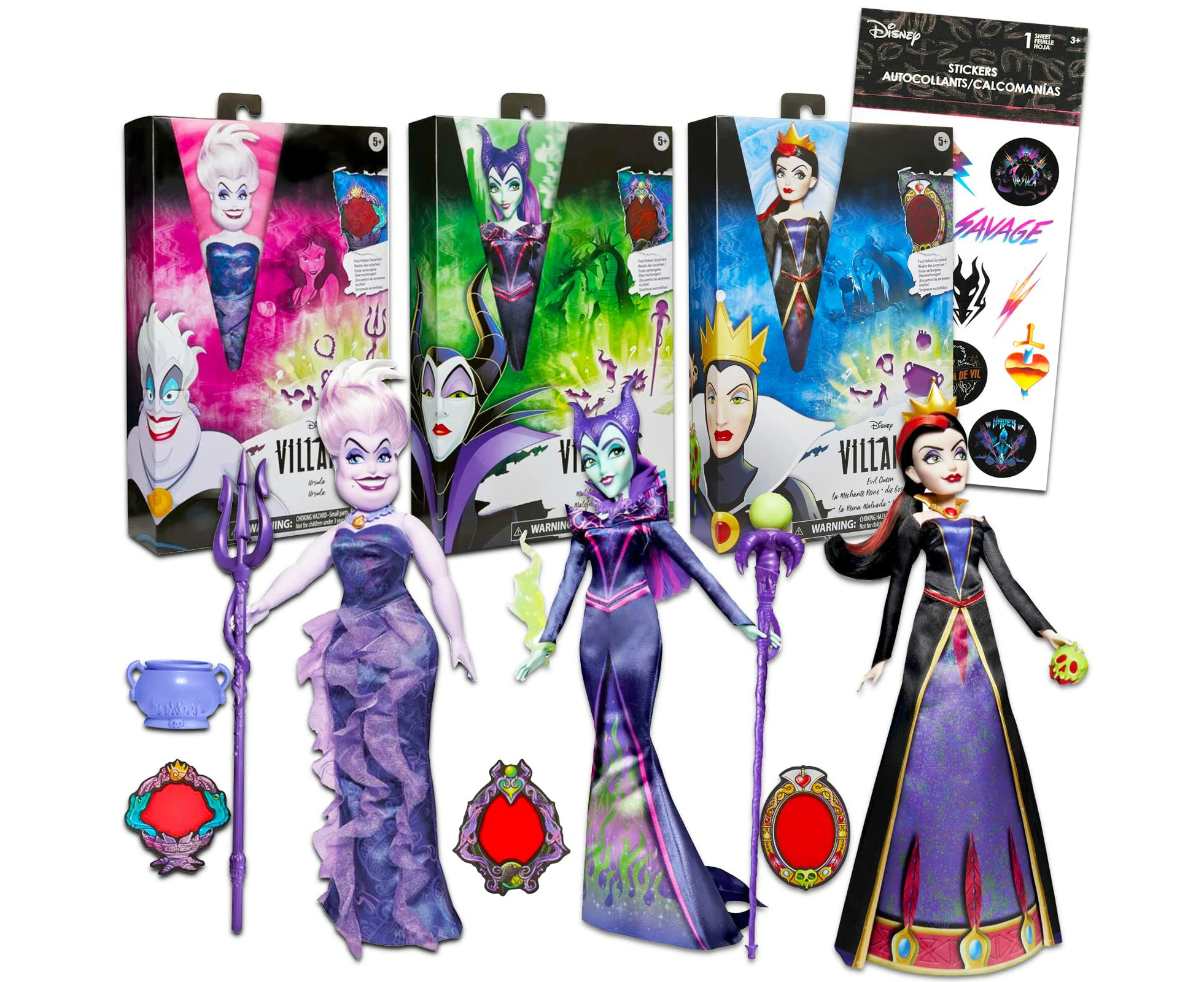 Disney Villains Dolls Set for Girls - Bundle with 3 Disney Villains Dolls Featuring Maleficent, Ursula, and Evil Queen Plus Stickers | Disney Villains Gift