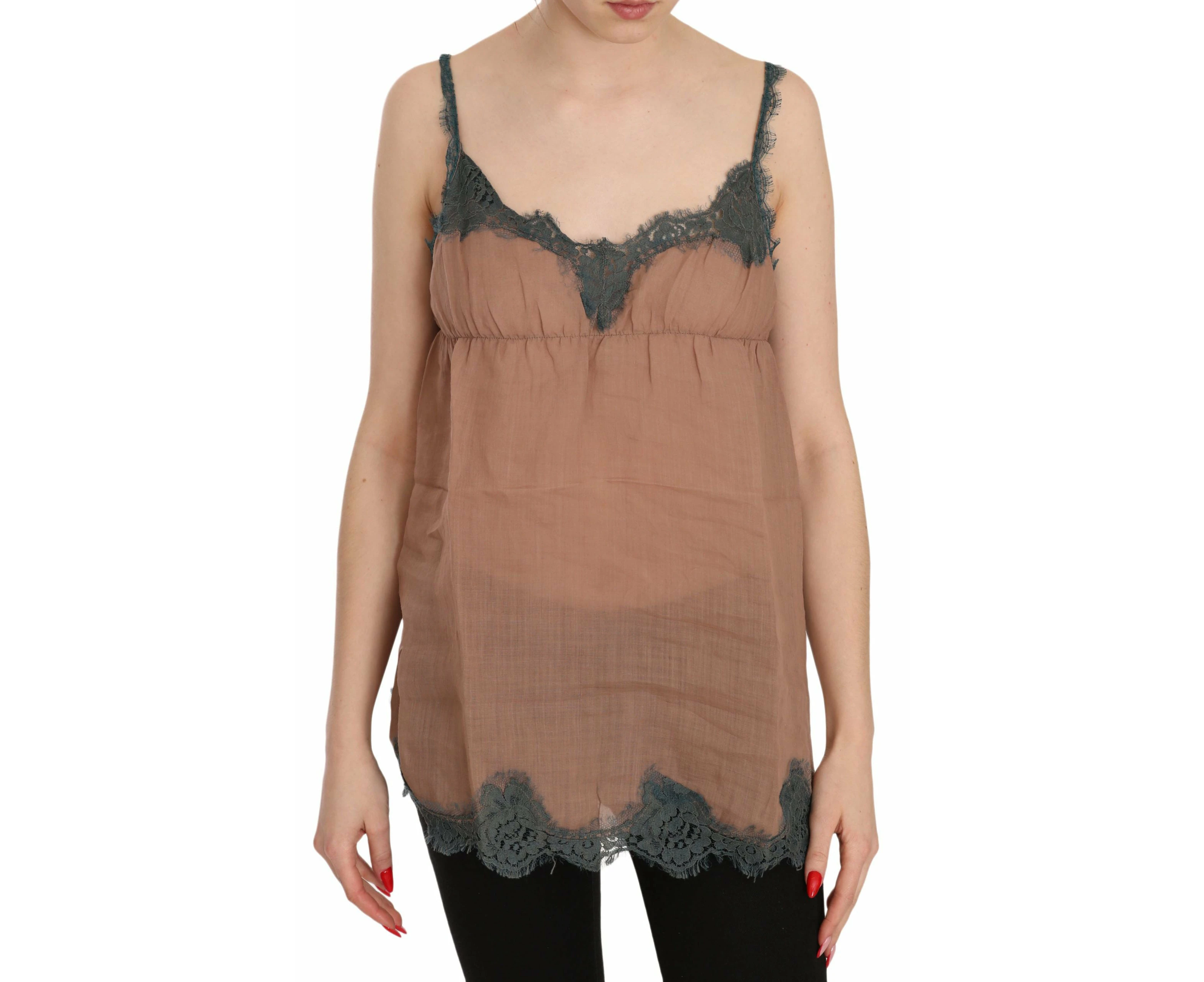 PINK MEMORIES Brown Lace Spaghetti Strap Tank Top Blouse