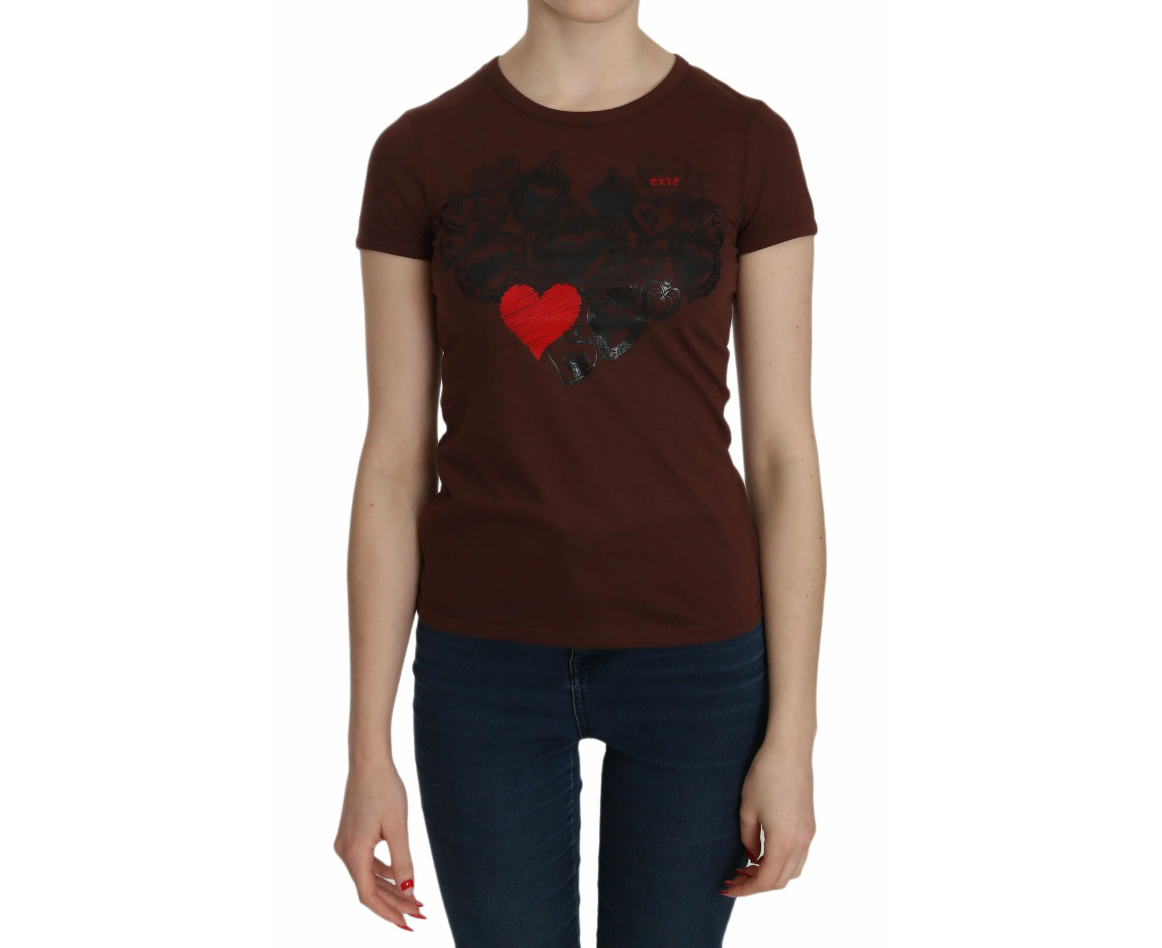 Exte Brown Heart Print Crew Neck T shirt Short Sleeve Blouse