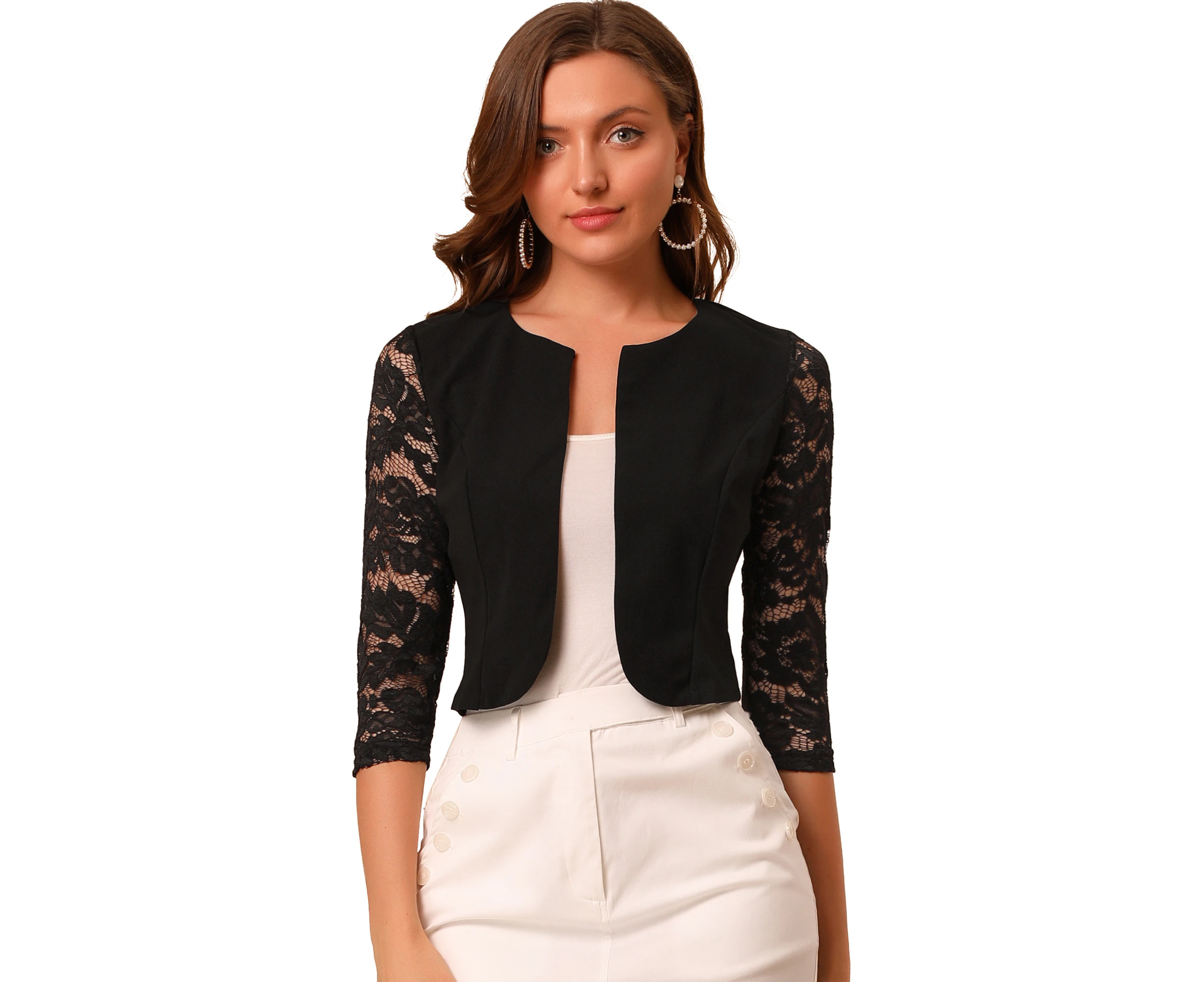 Allegra K 3/4 Sleeve Floral Lace Office Bolero Cardigan Black