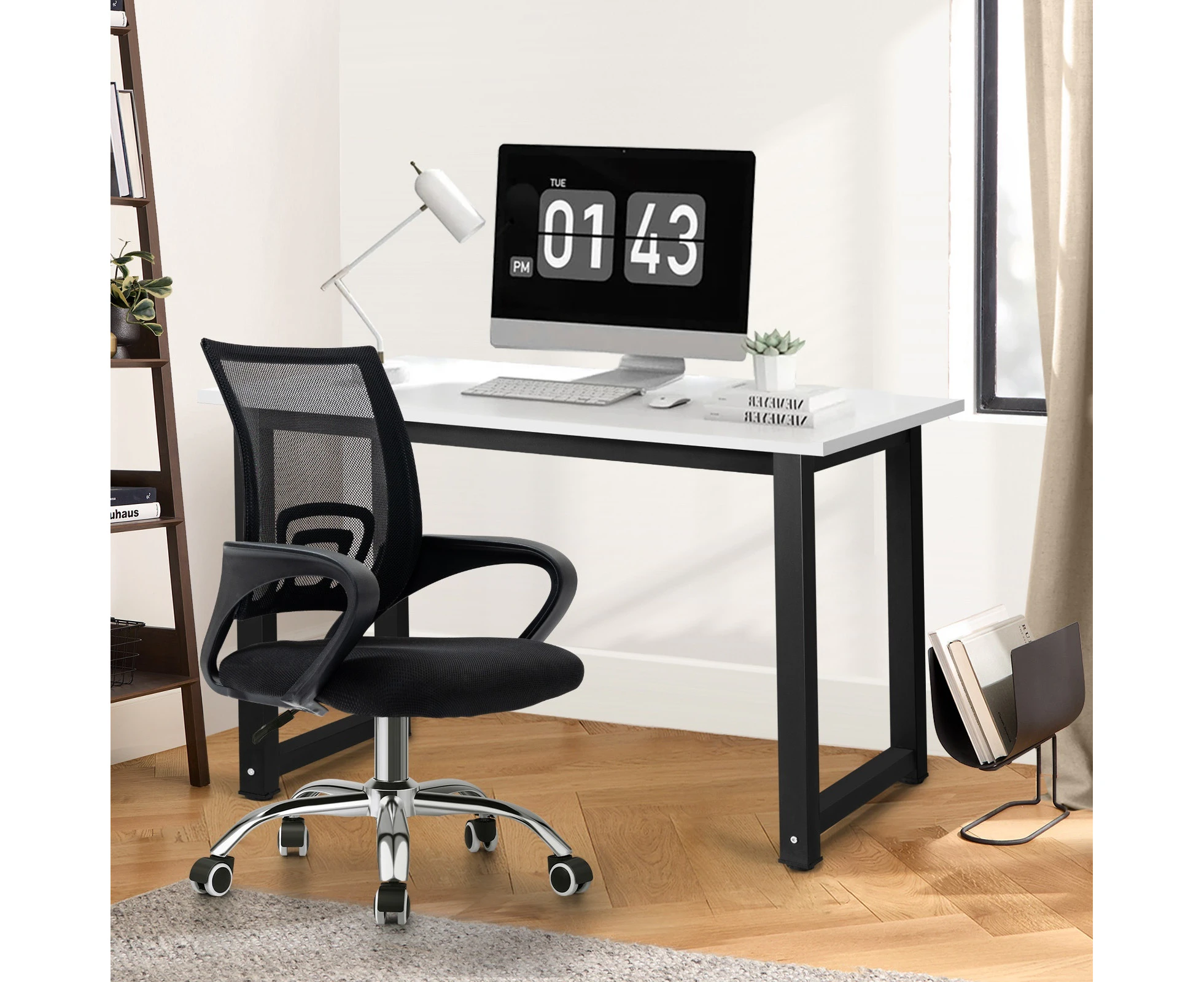 Oikiture Home Office Desk and Chair Set BK&WH Computer Desk Mesh Office Chair