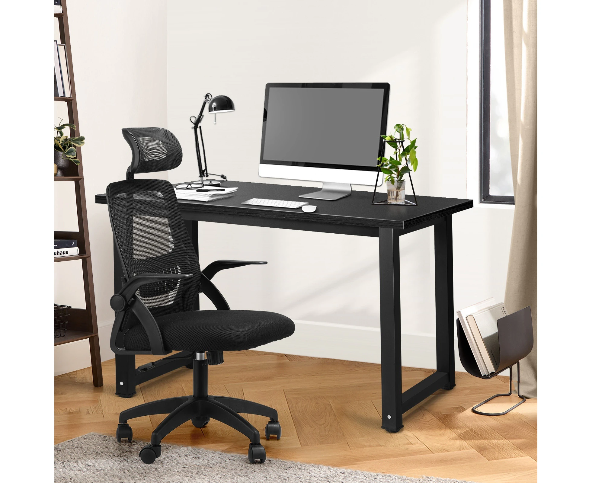 Oikiture Home Office Desk and Chair Set Computer Desk Mesh Office Chair Black