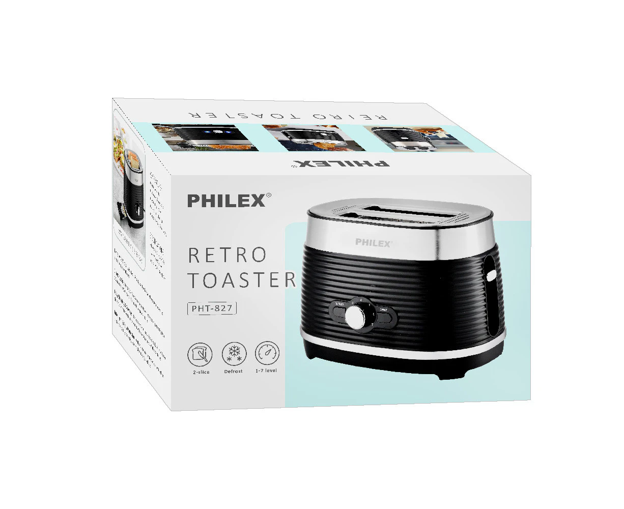 Philex 2-Slice 240V Retro Electric Compact Bread Toaster 815W 30x19cm Black