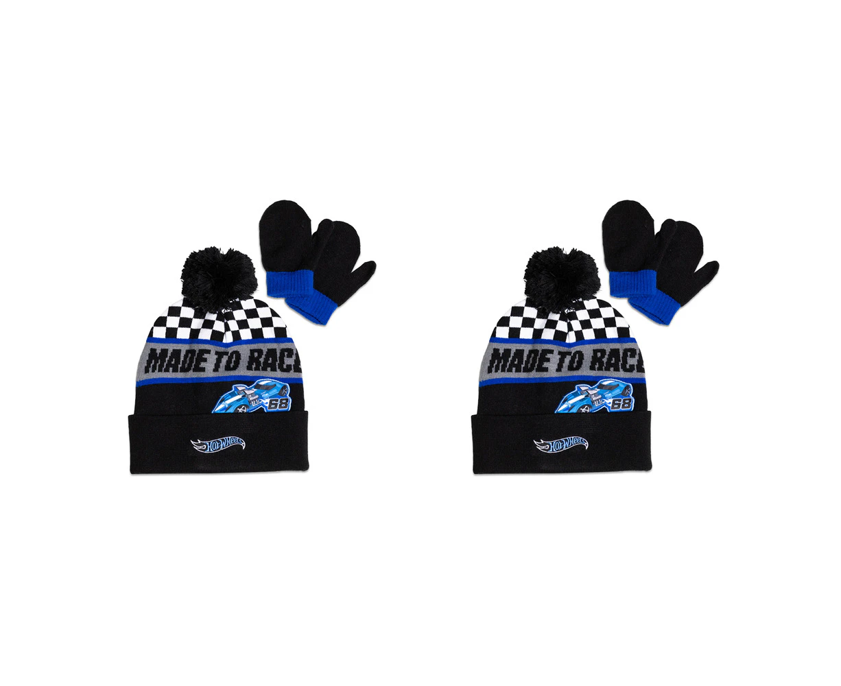 2x Hot-Wheels Mattel Kids/Children Beanie & Mittens Winter Racing Hat Blue