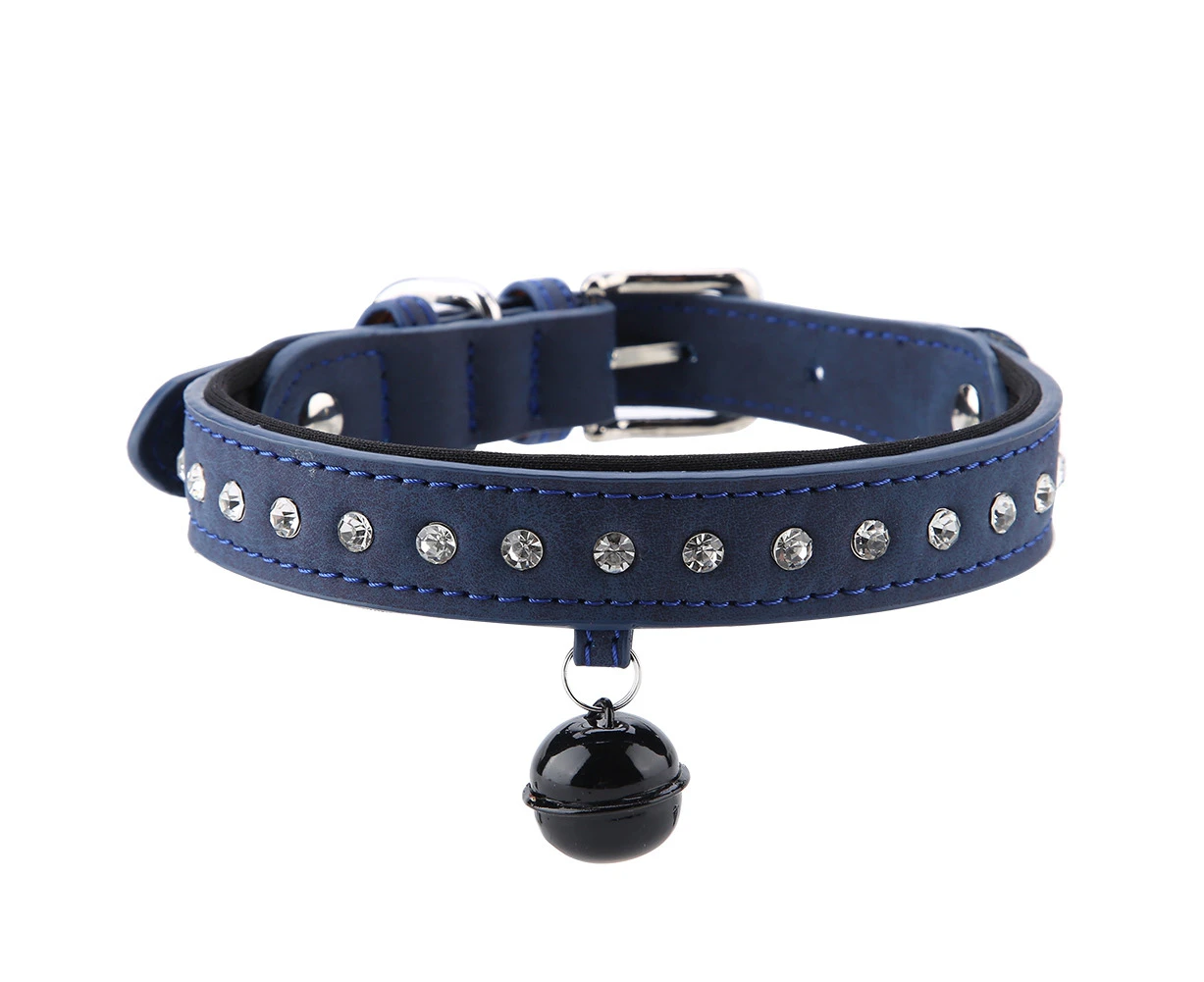 Pet Dog Cat Collar Rhinestone Necklace PU Leather Puppy Neck Strap with Bell(Navy Blue XS)