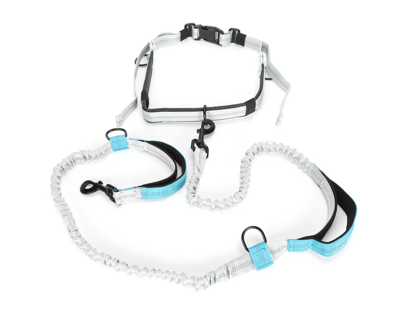 Dual Handle Dog Running Leash Anti‑Lost Reflective Walking Leash with Waist BeltBlue