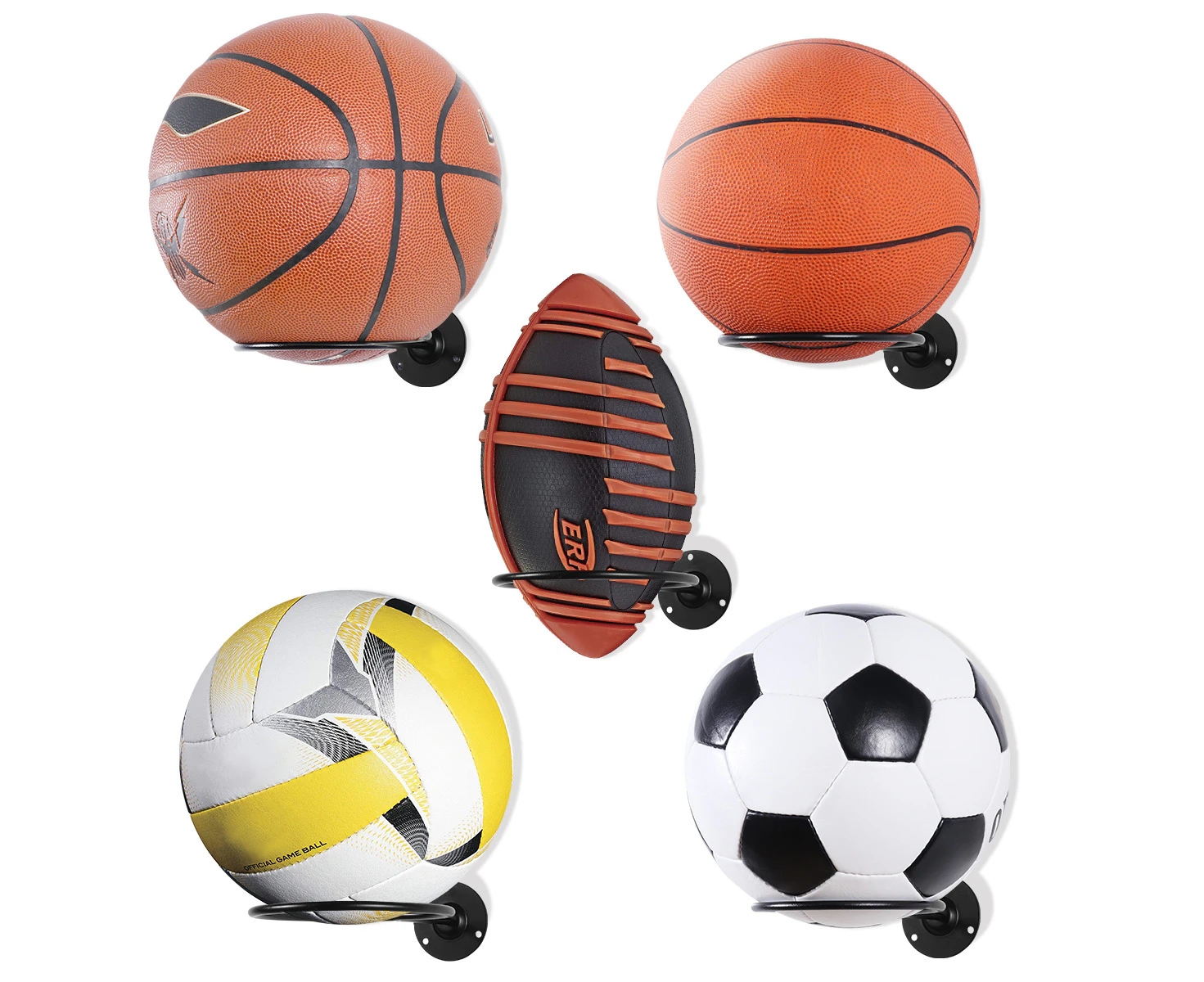 2PCS Wall-Mounted Ball Holders Display Racks for Basketball Soccer Football Volleyball Exercise Ball (Black)