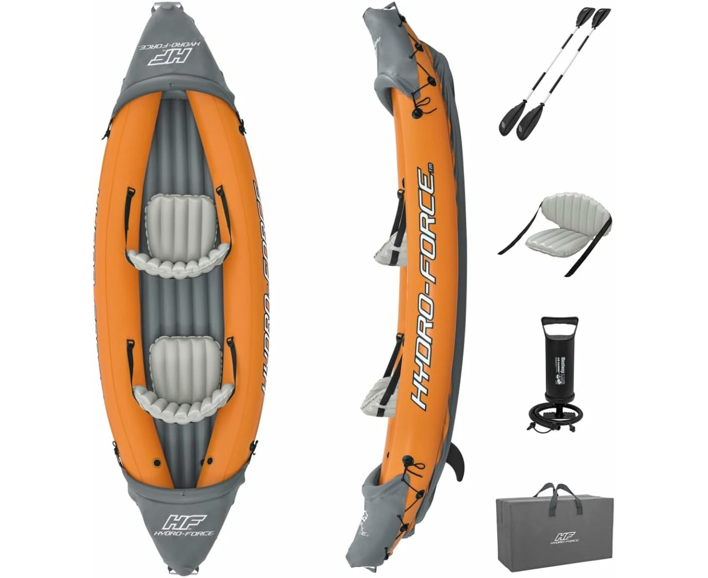 Hydro-Force Rapid Kayak | 2 Person Extra Wide Inflatable Kayak Set with Seats, Backrest, Paddles, Hand Pump and Carry Bag, Orange