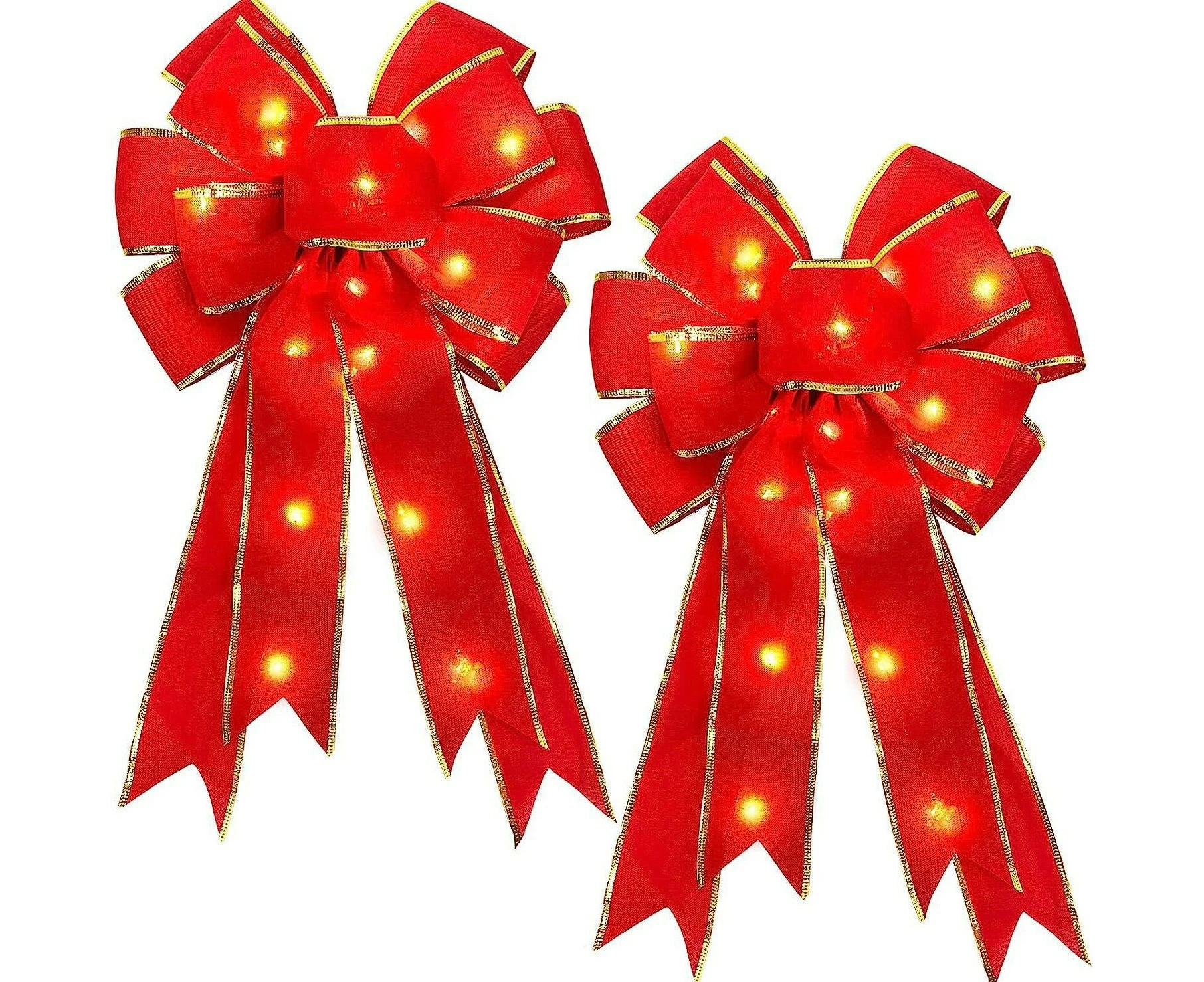 2 Packs Christmas Bows Lighted Christmas Decorations Red Velvet Ribbon Bow with Glitter Gold Edge for Tree Toppers Christmas Decorations Winter