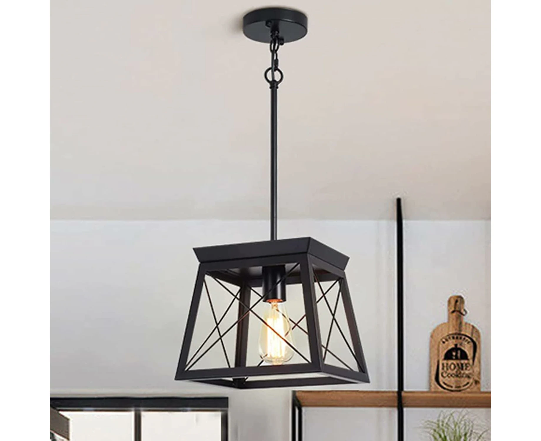 Farmhouse Pendant Light Metal Cage,1-Light Rustic Lantern Chandelier,Adjustable Height Hanging Light Fixture for Kitchen Island Dining Room Bedroom