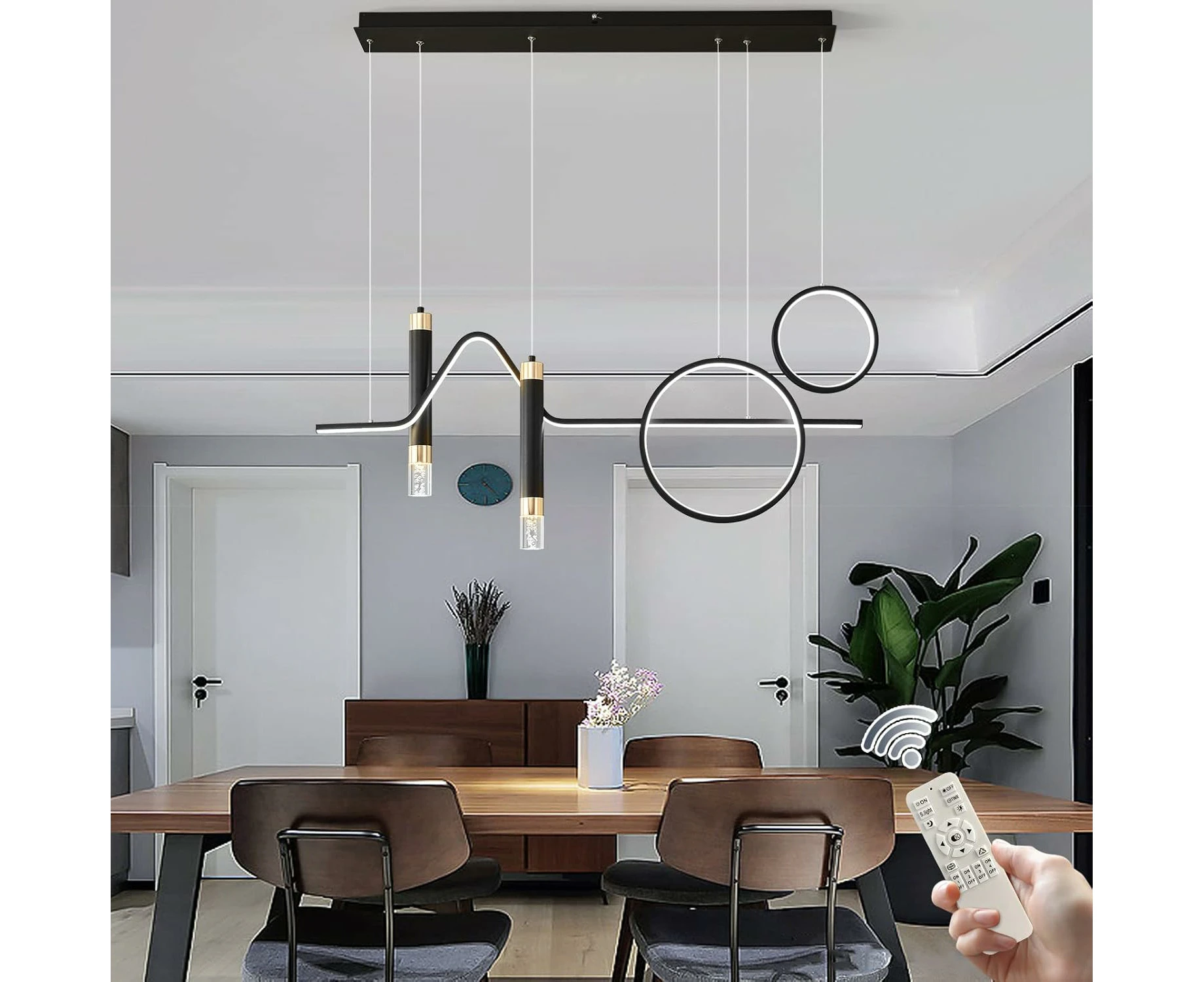 Modern LED Pendant Lighting Fixtures,45W Dimmable Modern Chandelier Lights,Black Linear Wave Dining Room Light Fixture for Kitchen Island Living Room