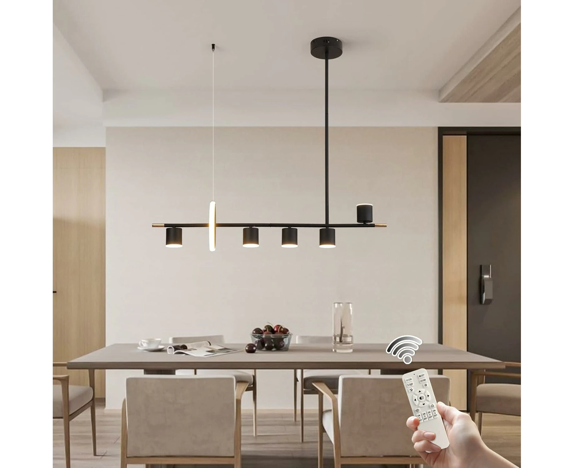 100CM Dimmable LED Chandelier 6 Light Linear Chandeliers Lights with Spotlights Modern Black Pendant Light for Dining Room Kitchen Island Living Room