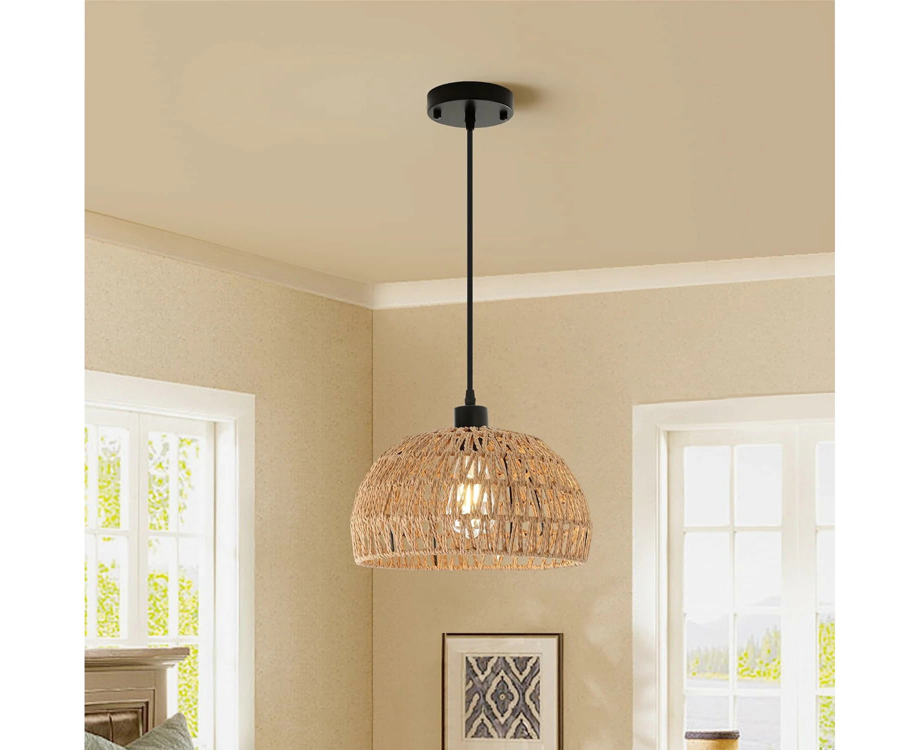 Boho Chandelier Light Fixture,Farmhouse Rattan Pendant Light,Cage Hanging Lamp,Semi Flush Mount Ceiling Light for Kitchen Island Living Dining Room