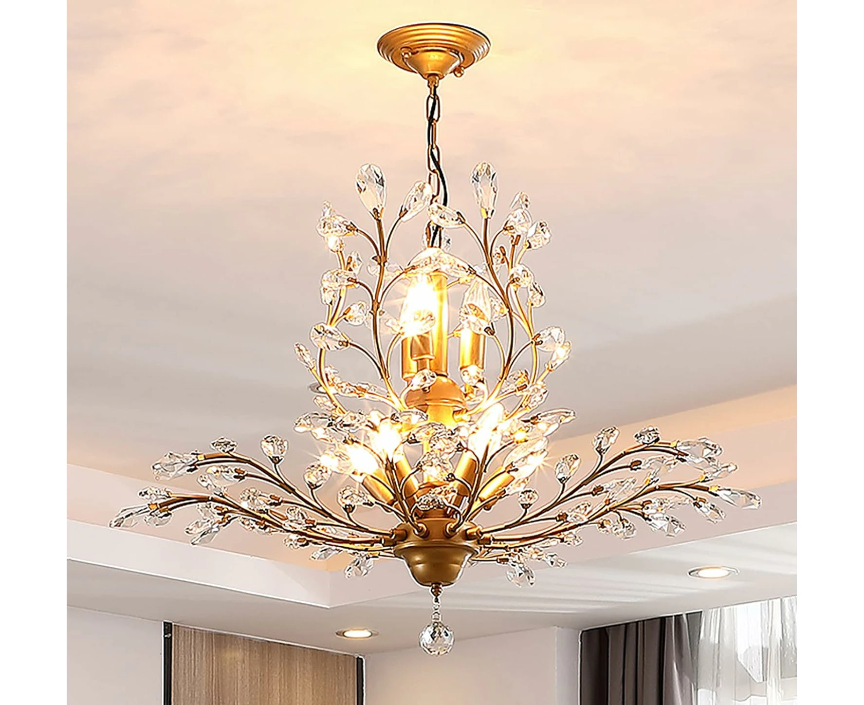 Vintage K9 Clear Crystal Chandeliers,Ceiling Lighting,Pendant Lighting Flush Mounted Fixture with 8 Light for Living Room Dinning Room Restaurant