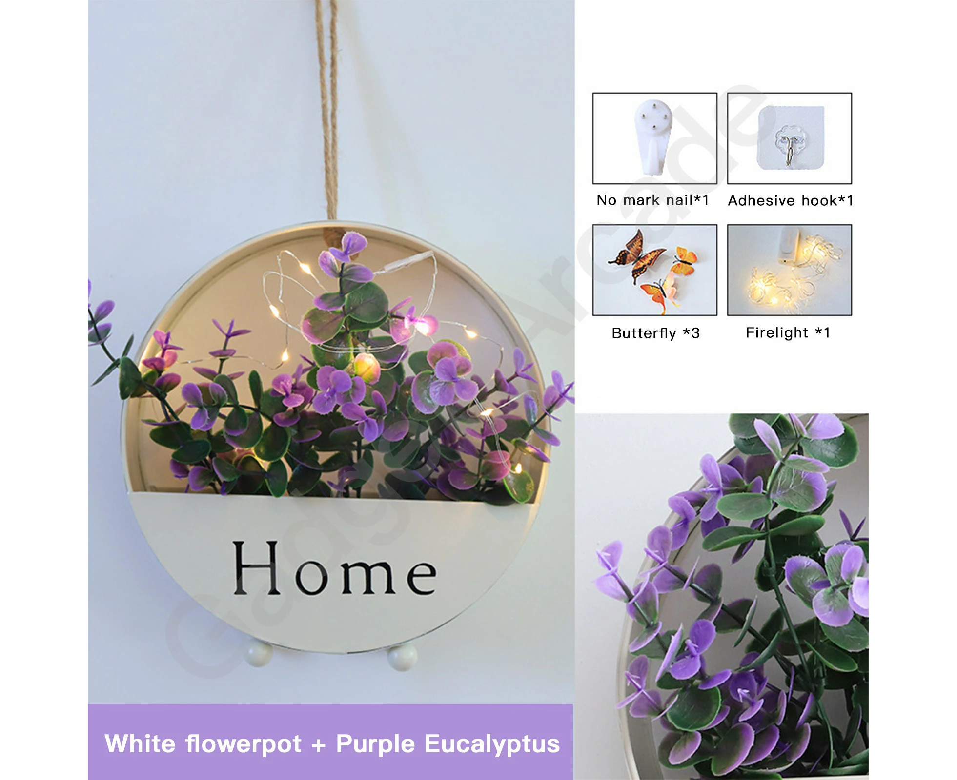 Ins Home Artificial Faux Flower Wall Hanging Plant Garland Steel Metal Hoop Set - White Pot+Purple Flower