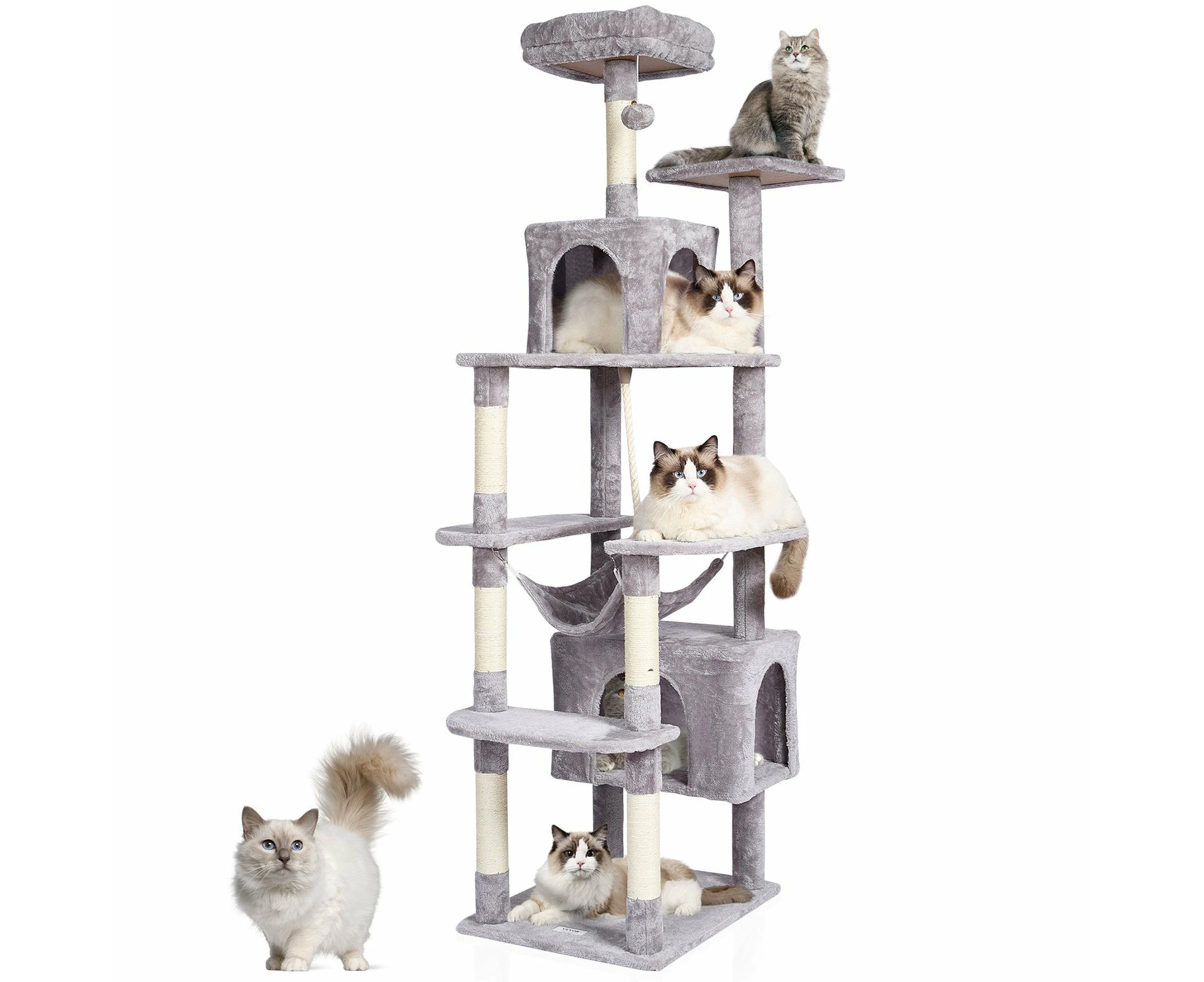 VEVOR Cat Tree 183 cm Cat Tower with 2 Cat Condos Scratching Post Light Grey