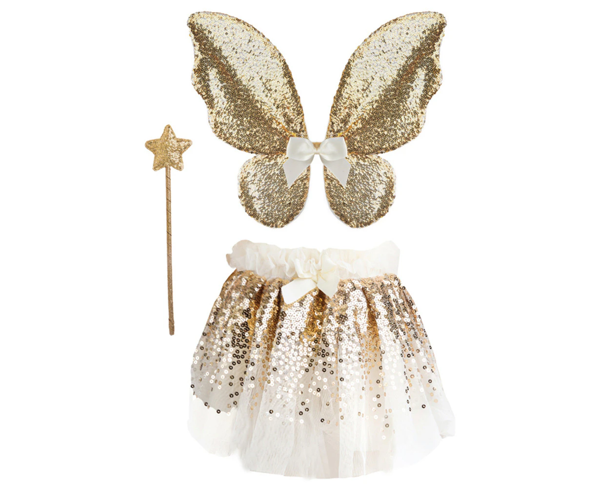 Great Pretenders Size 4-6 Gracious Gold Sequins Skirt/Wings/Wand Set 3y+