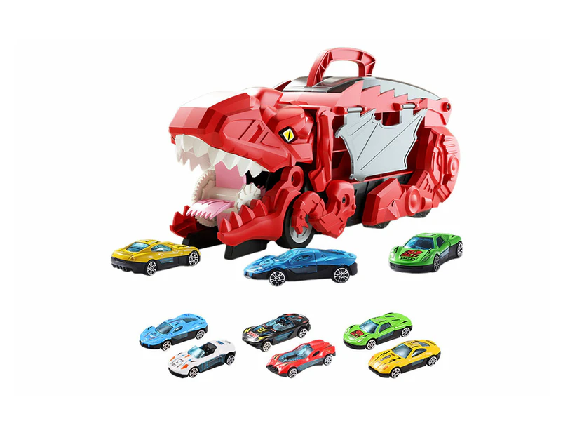 Truck Car Dinosaur Transport Carrier with 6 Pull Back Car Toy for Kids-Red